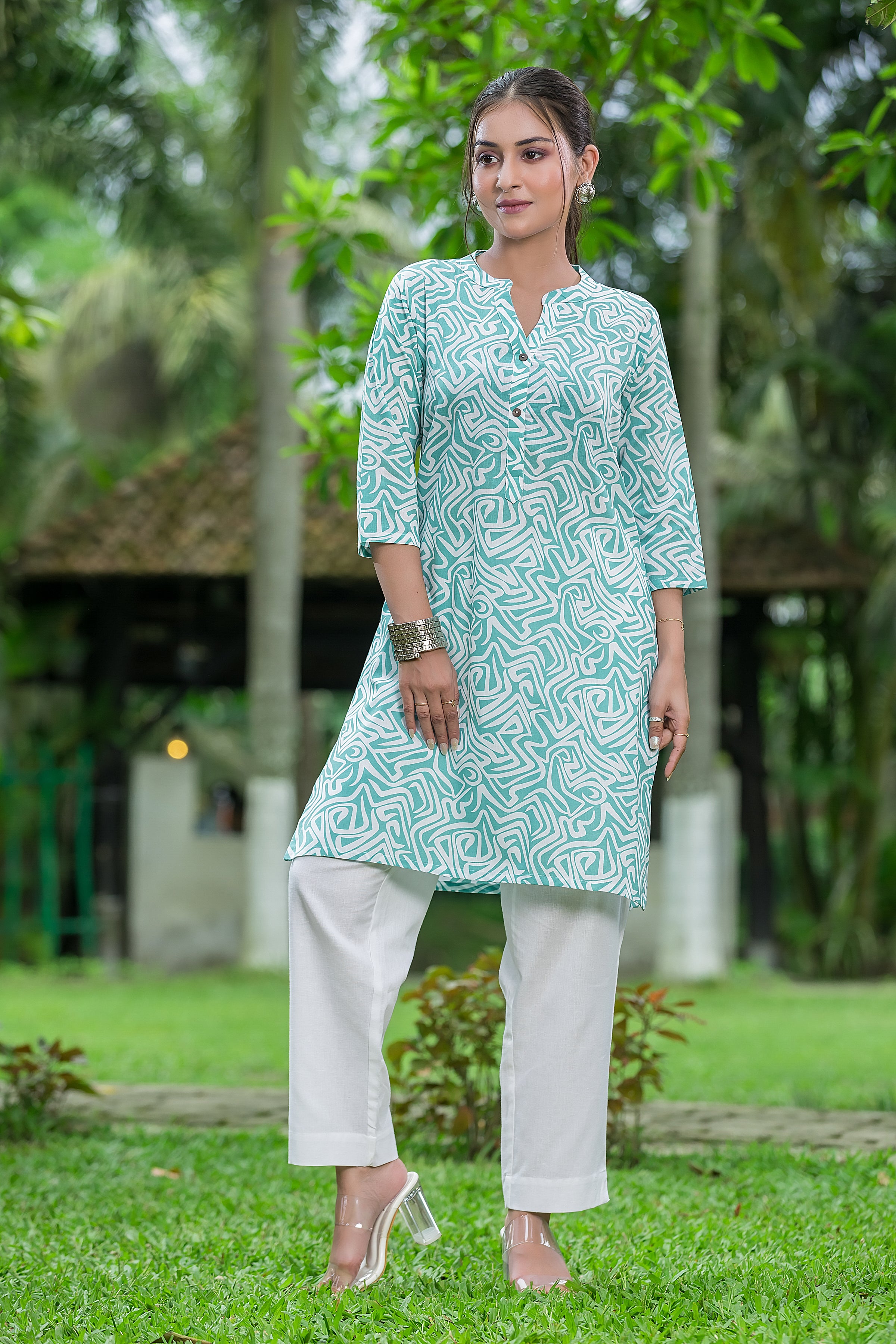 Women's Geometric Printed Green Cotton Top