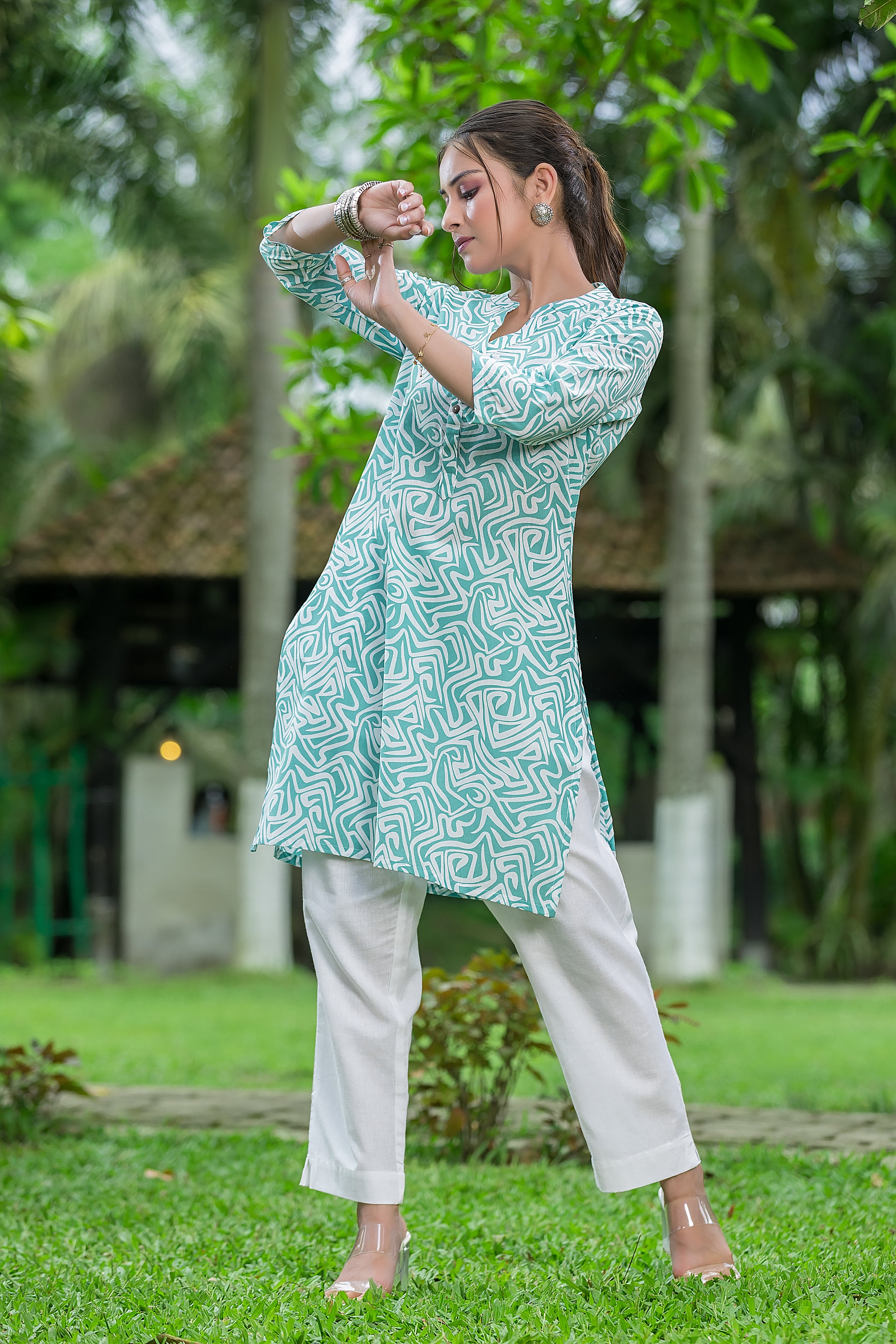 Women's Geometric Printed Green Cotton Top