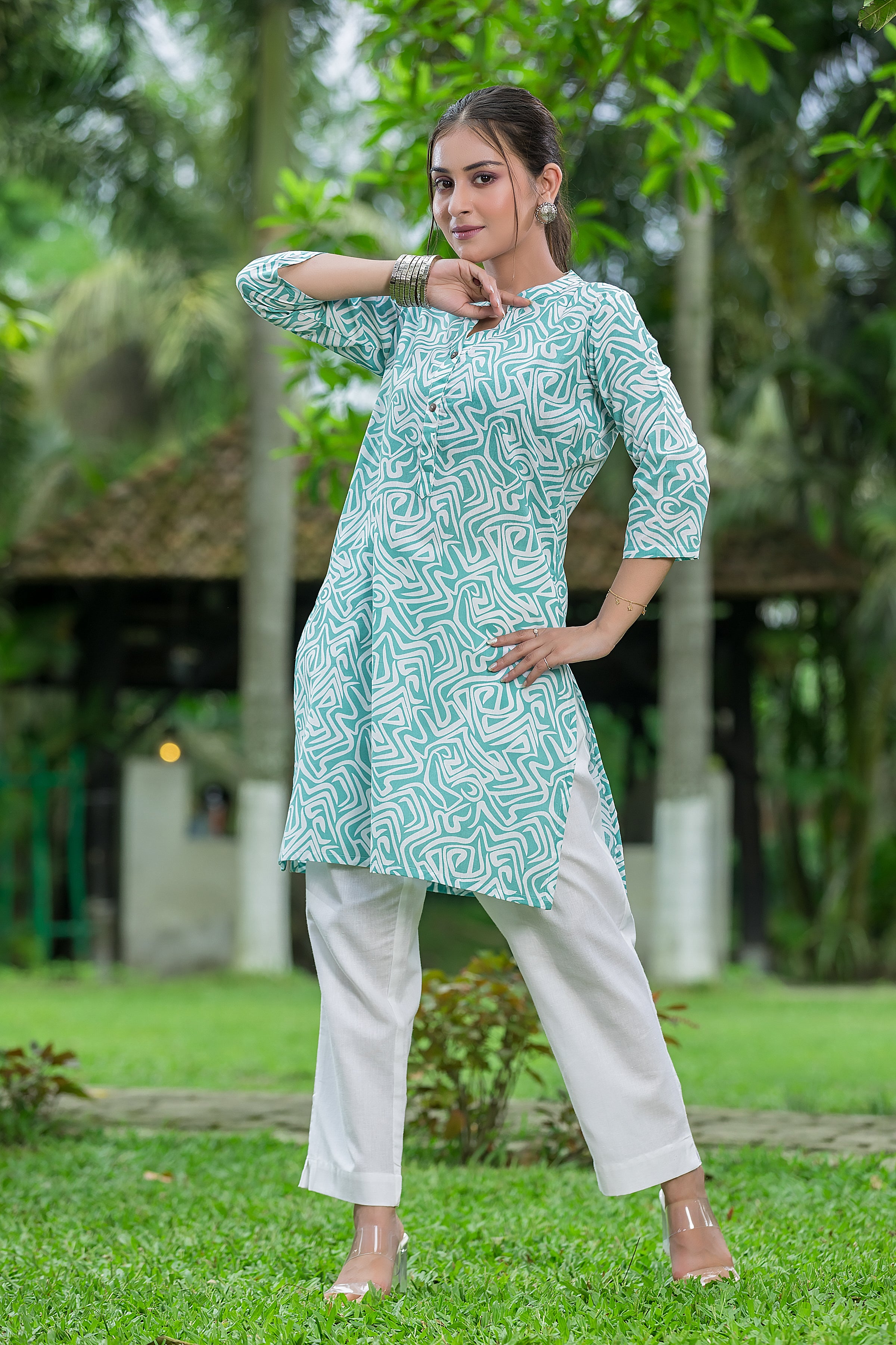 Women's Geometric Printed Green Cotton Top