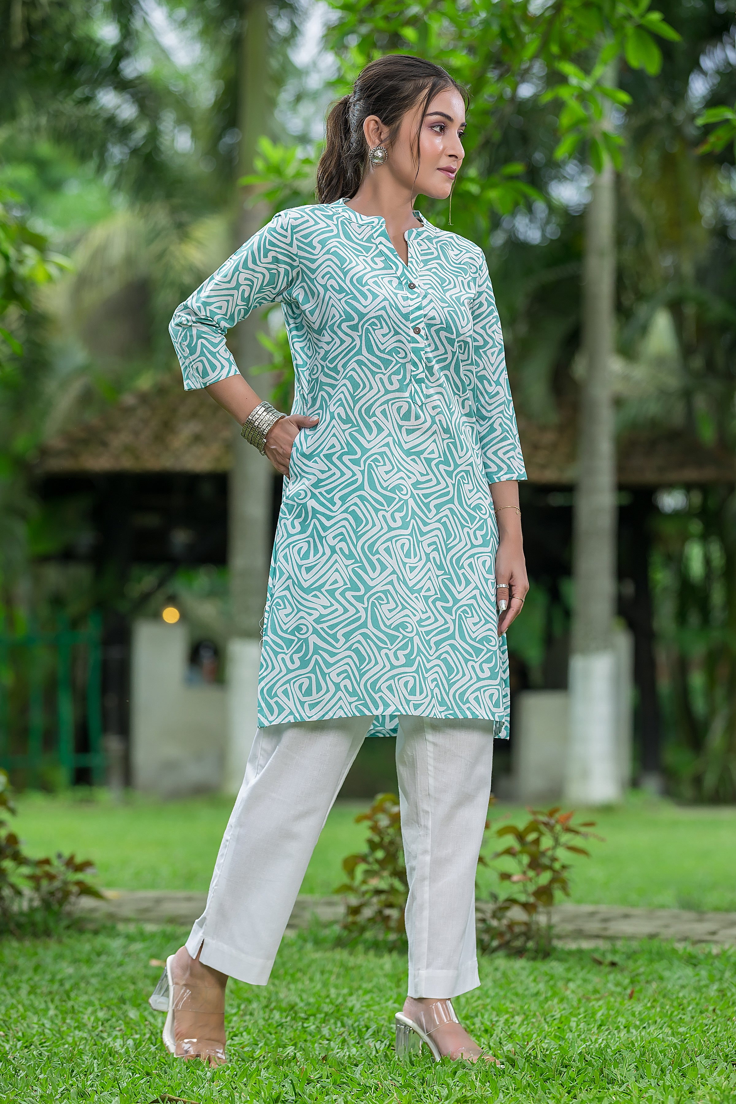 Women's Geometric Printed Green Cotton Top