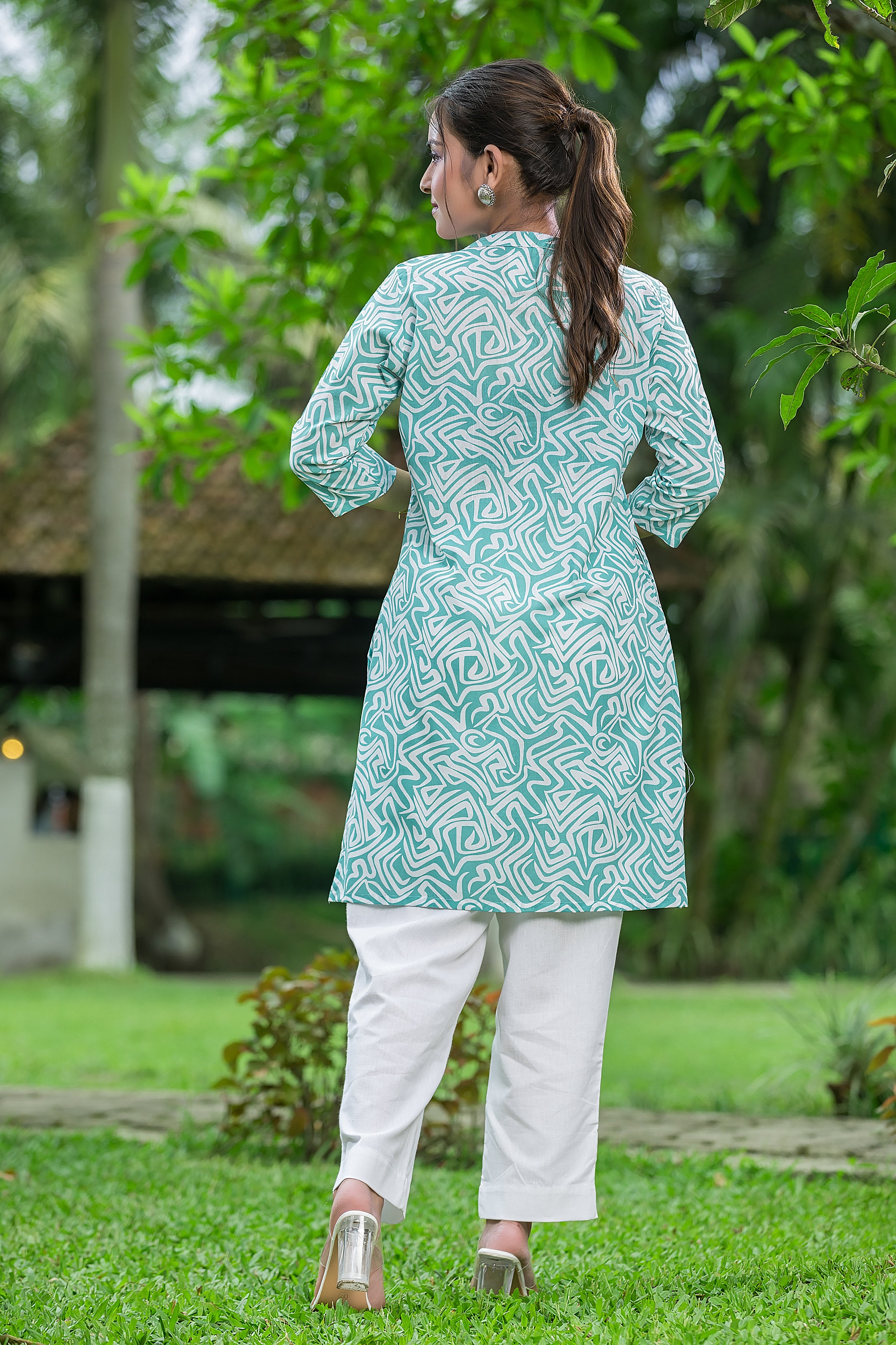 Women's Geometric Printed Green Cotton Top