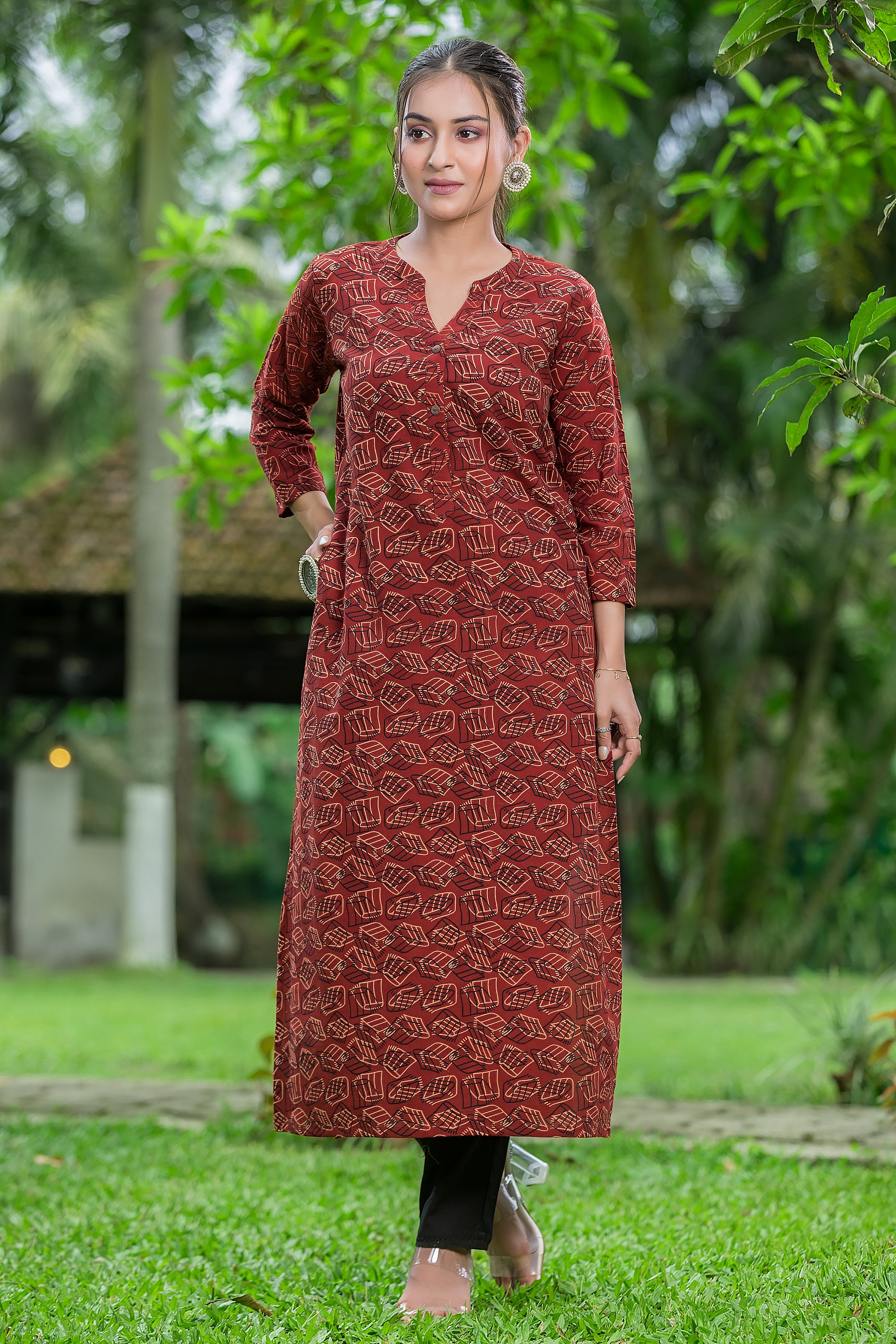 Women's Cotton Rust Mandarin Collar Kurta
