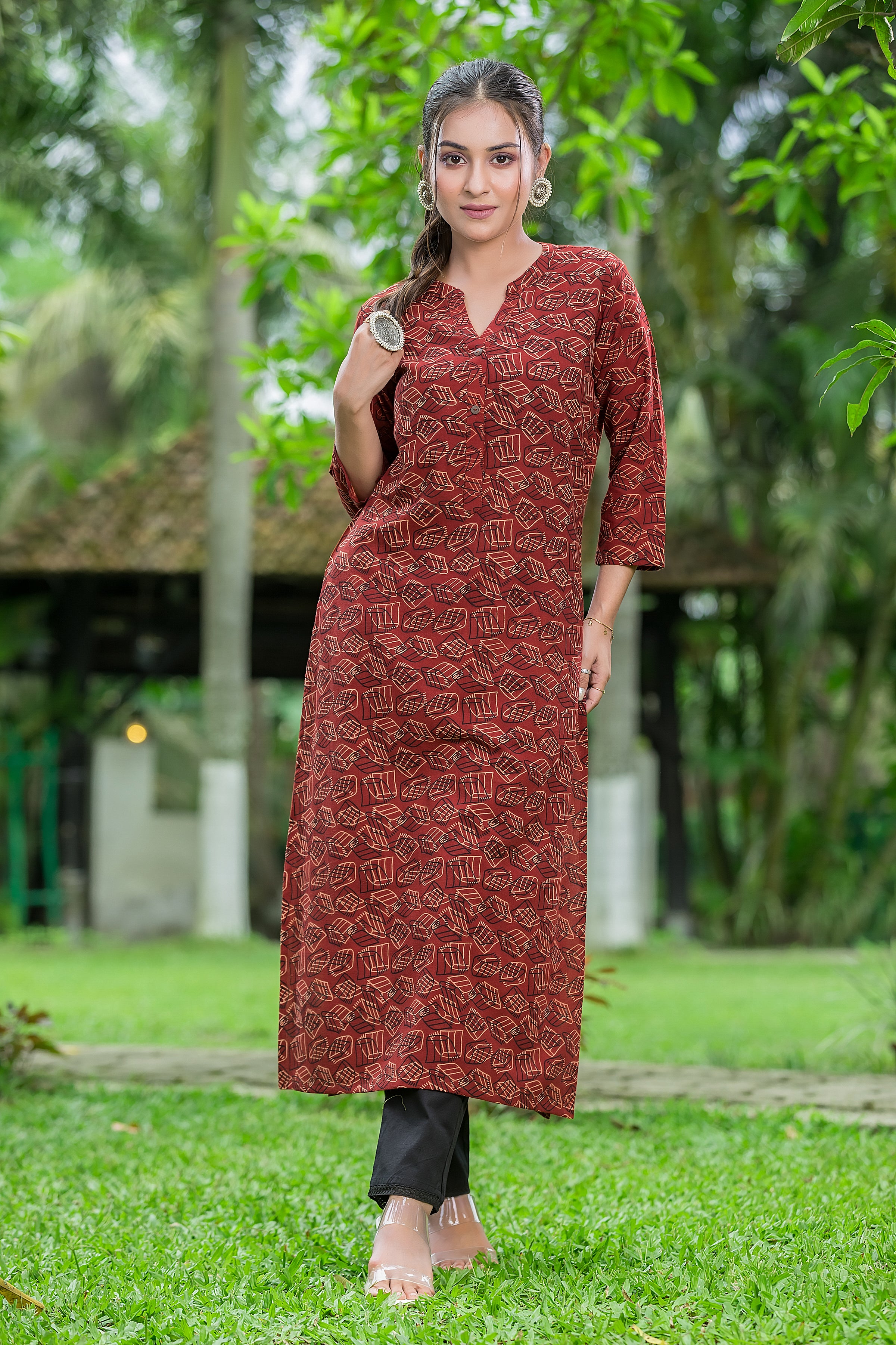 Women's Cotton Rust Mandarin Collar Kurta