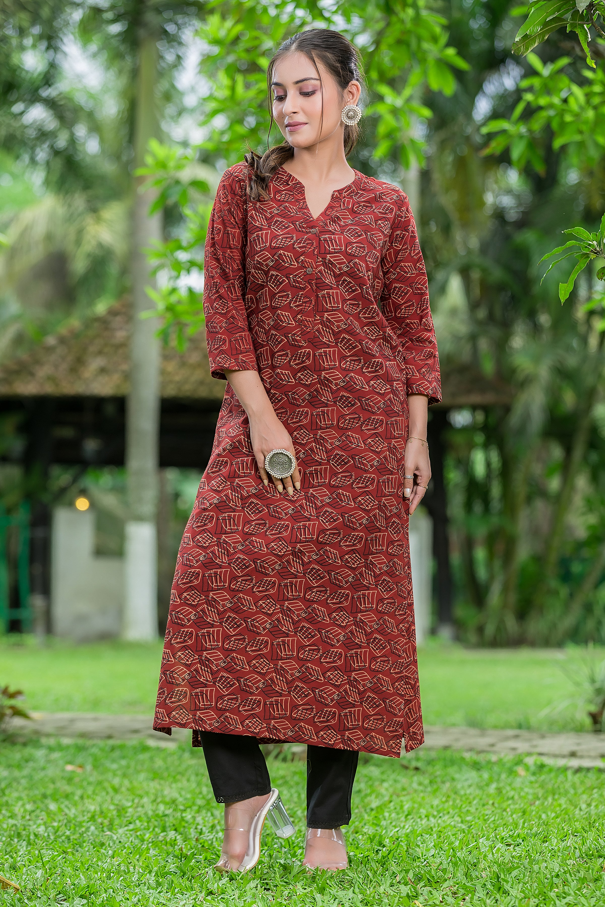Women's Cotton Rust Mandarin Collar Kurta