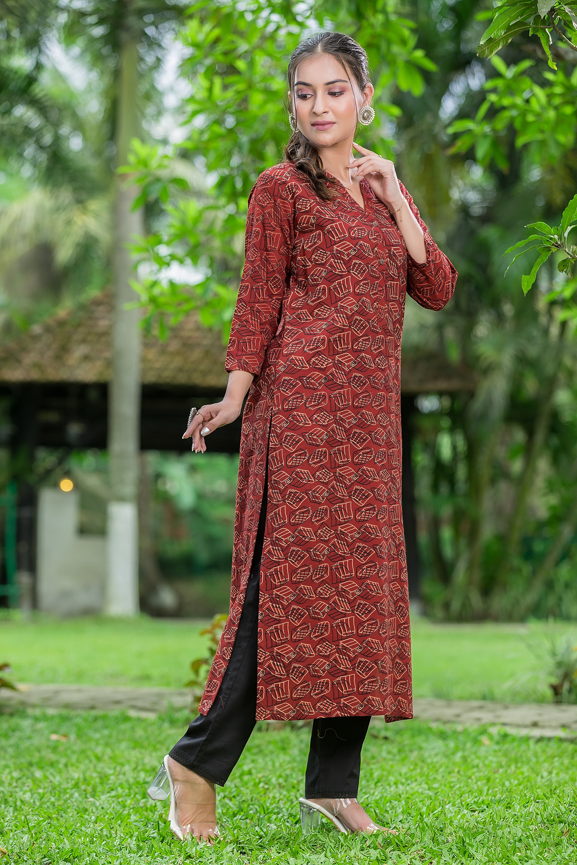 Women's Cotton Rust Mandarin Collar Kurta