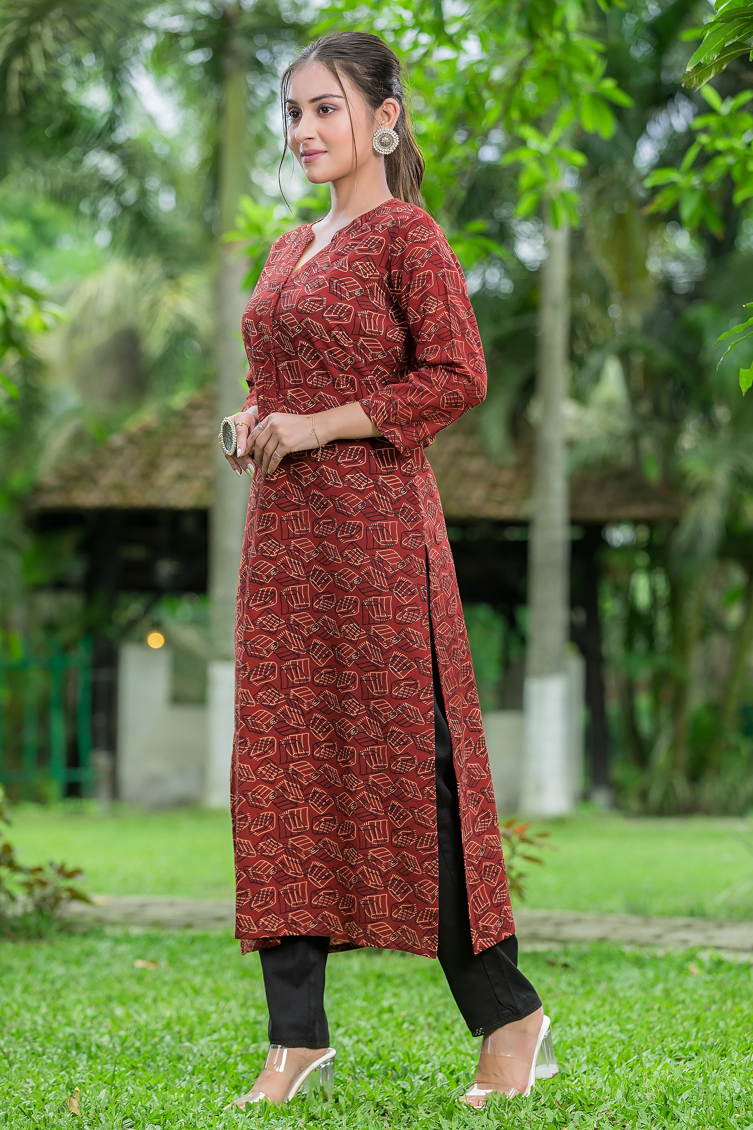 Women's Cotton Rust Mandarin Collar Kurta