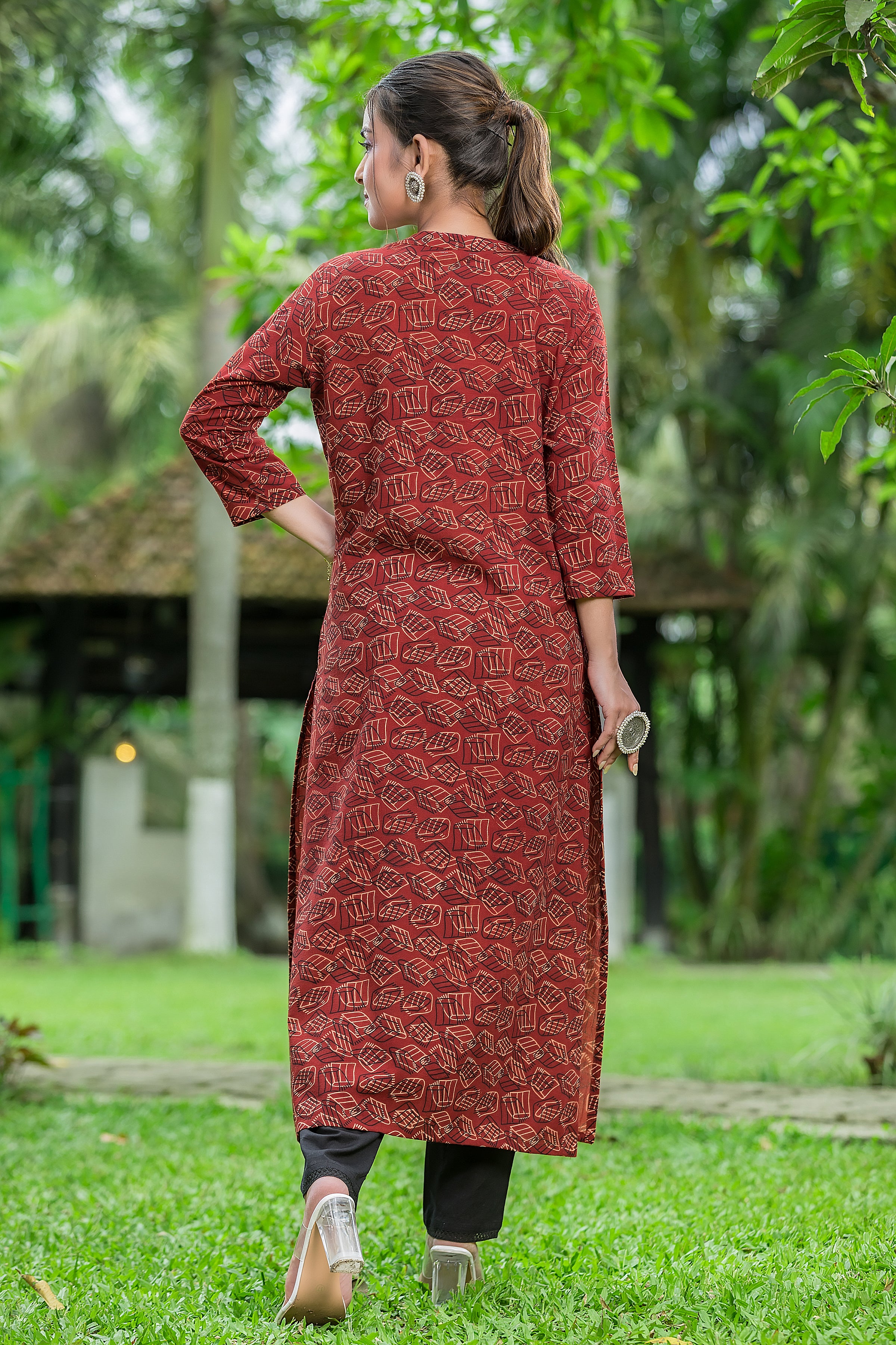 Women's Cotton Rust Mandarin Collar Kurta