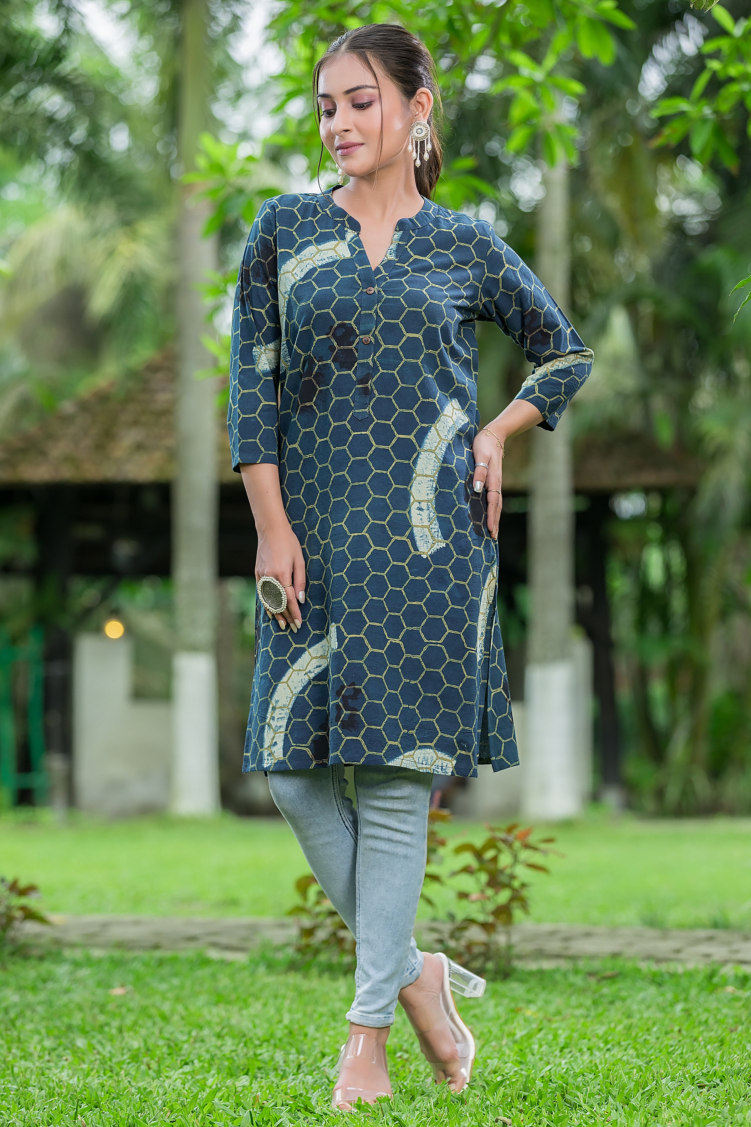 Women's Navy Blue Handblock Print Cotton Kurta