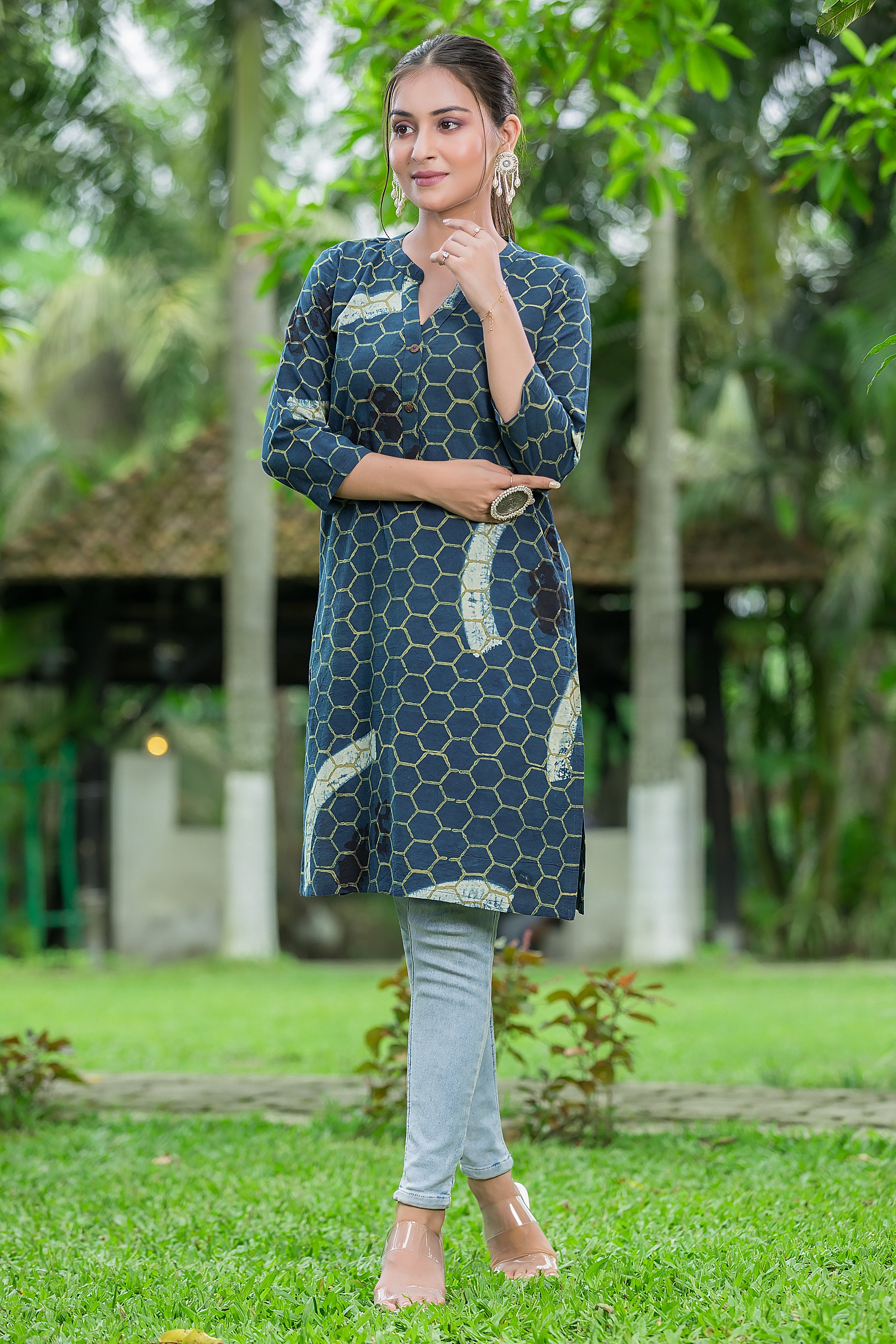 Women's Navy Blue Handblock Print Cotton Kurta