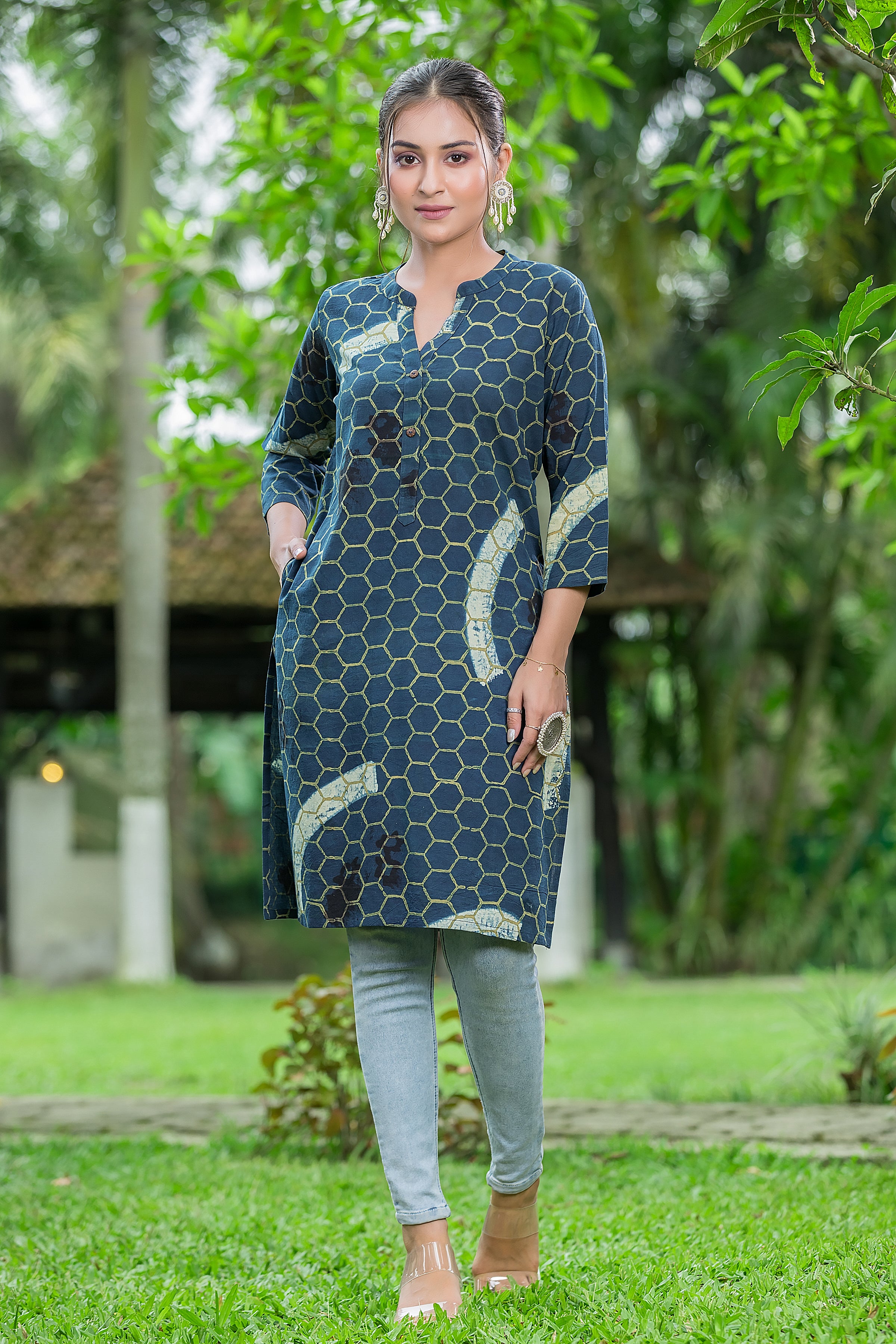 Women's Navy Blue Handblock Print Cotton Kurta