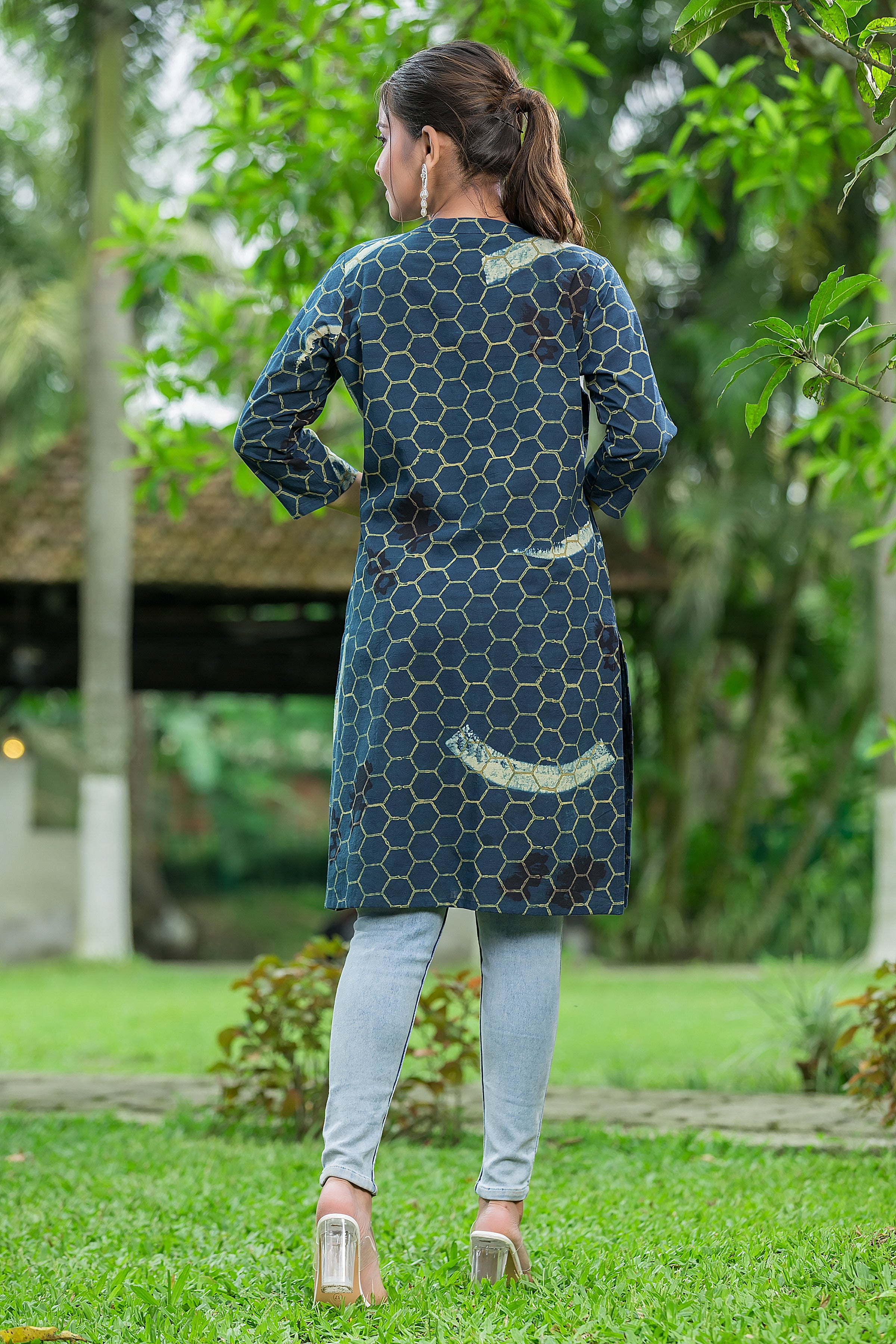Women's Navy Blue Handblock Print Cotton Kurta