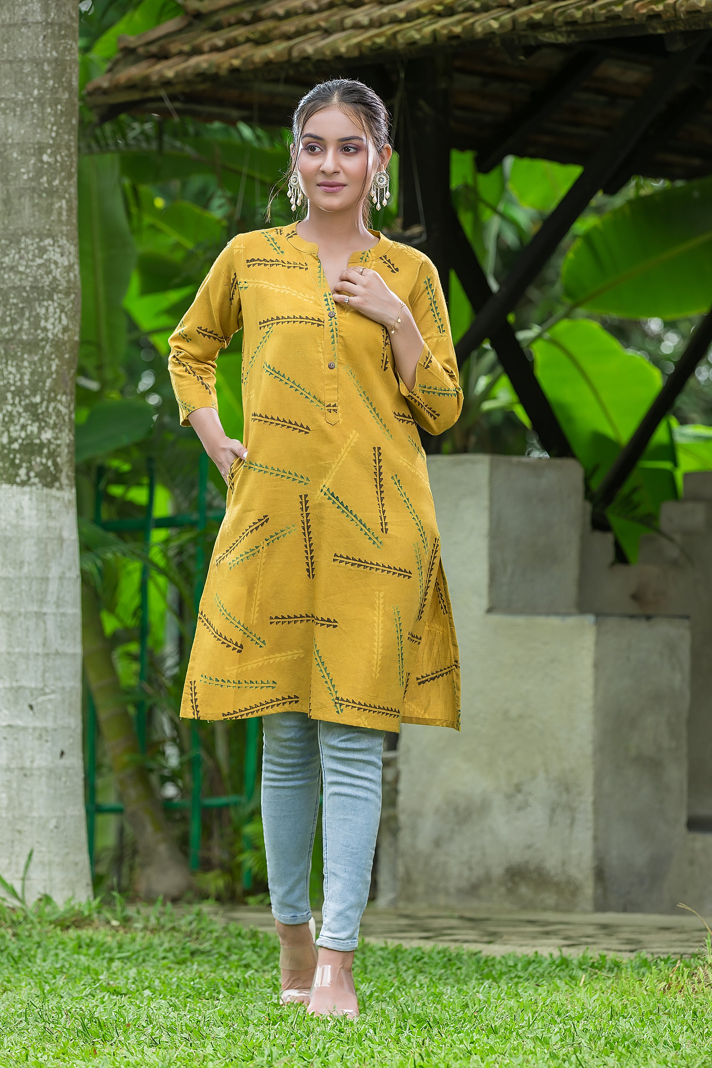 Women's Yellow Handblock Print Cotton Kurta