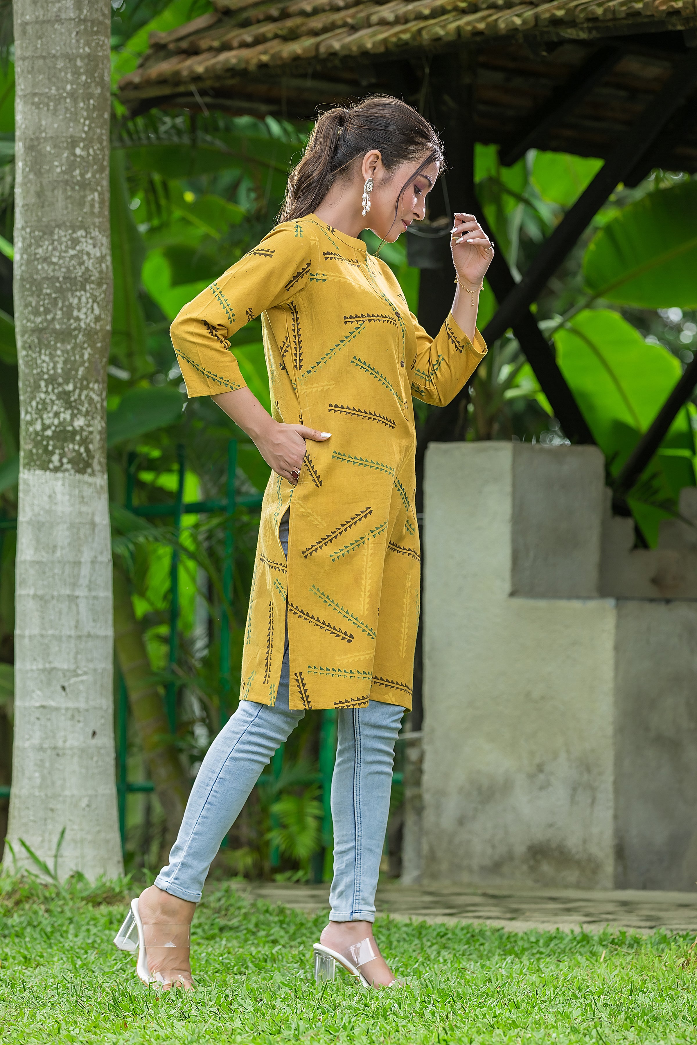 Women's Yellow Handblock Print Cotton Kurta