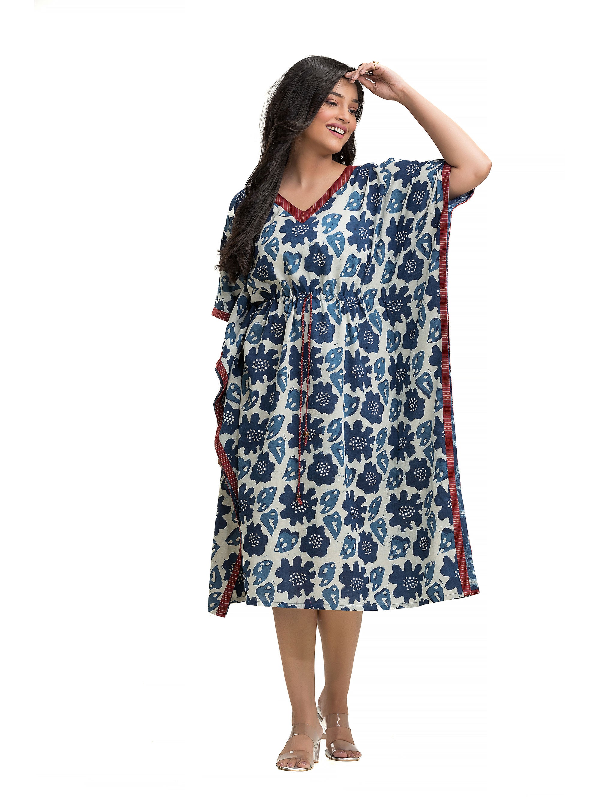 Indigo Hand Block Kaftan with Draw-string