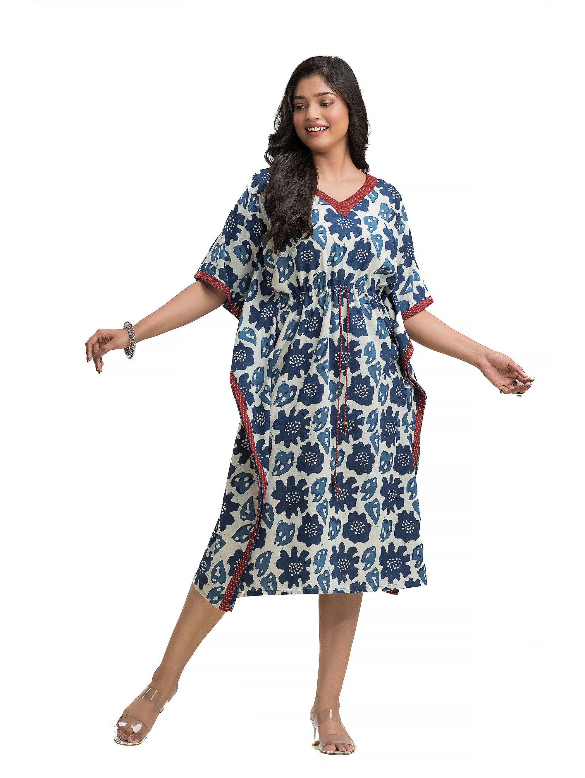 Indigo Hand Block Kaftan with Draw-string