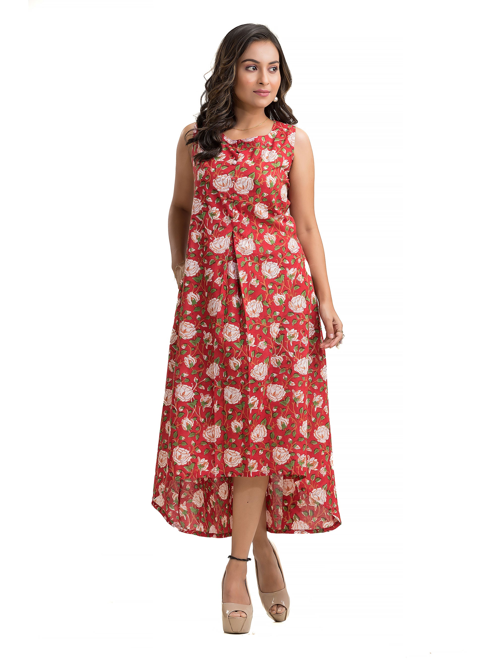 Red Floral Motif Hand Block Dress