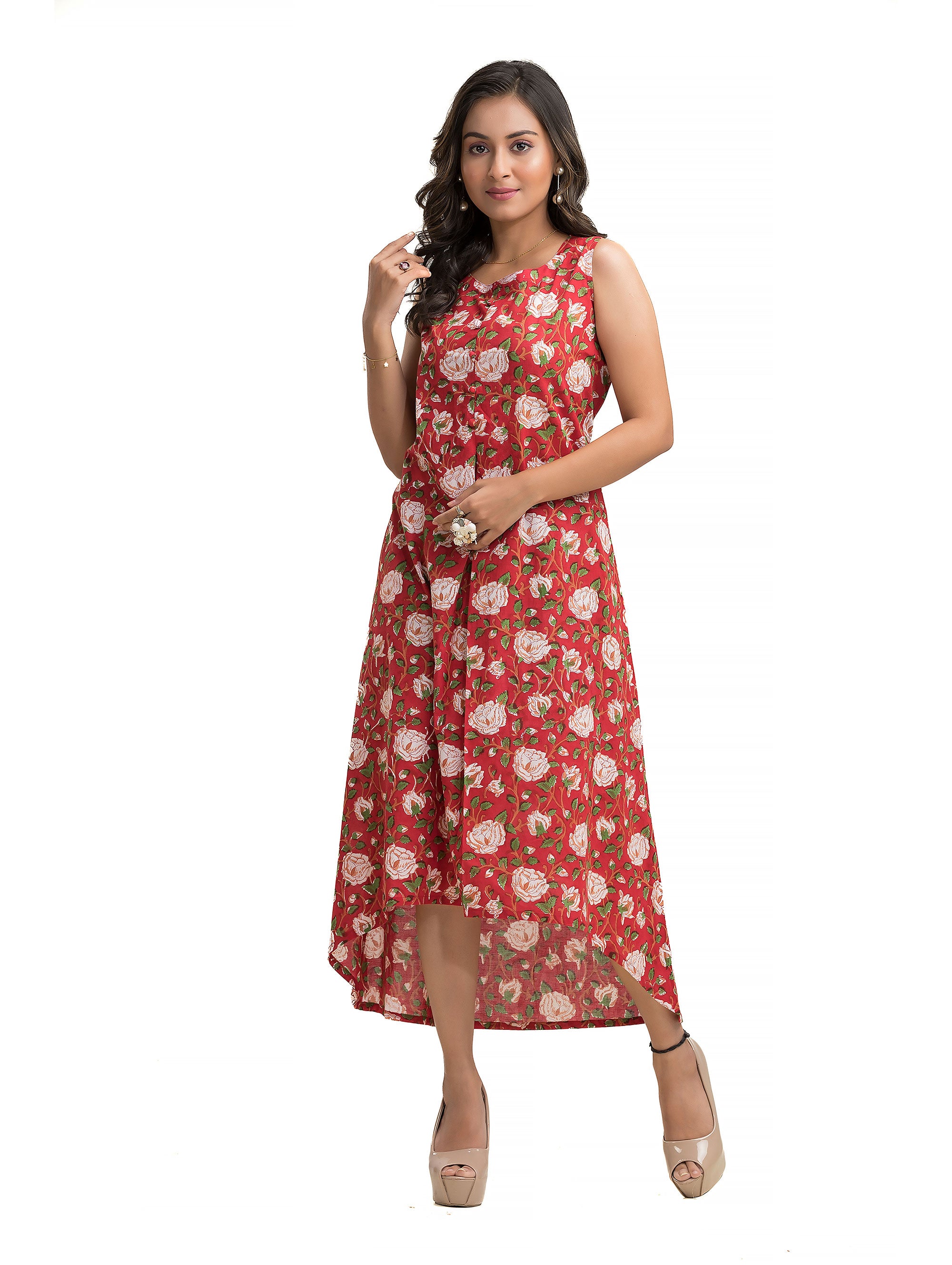 Red Floral Motif Hand Block Dress