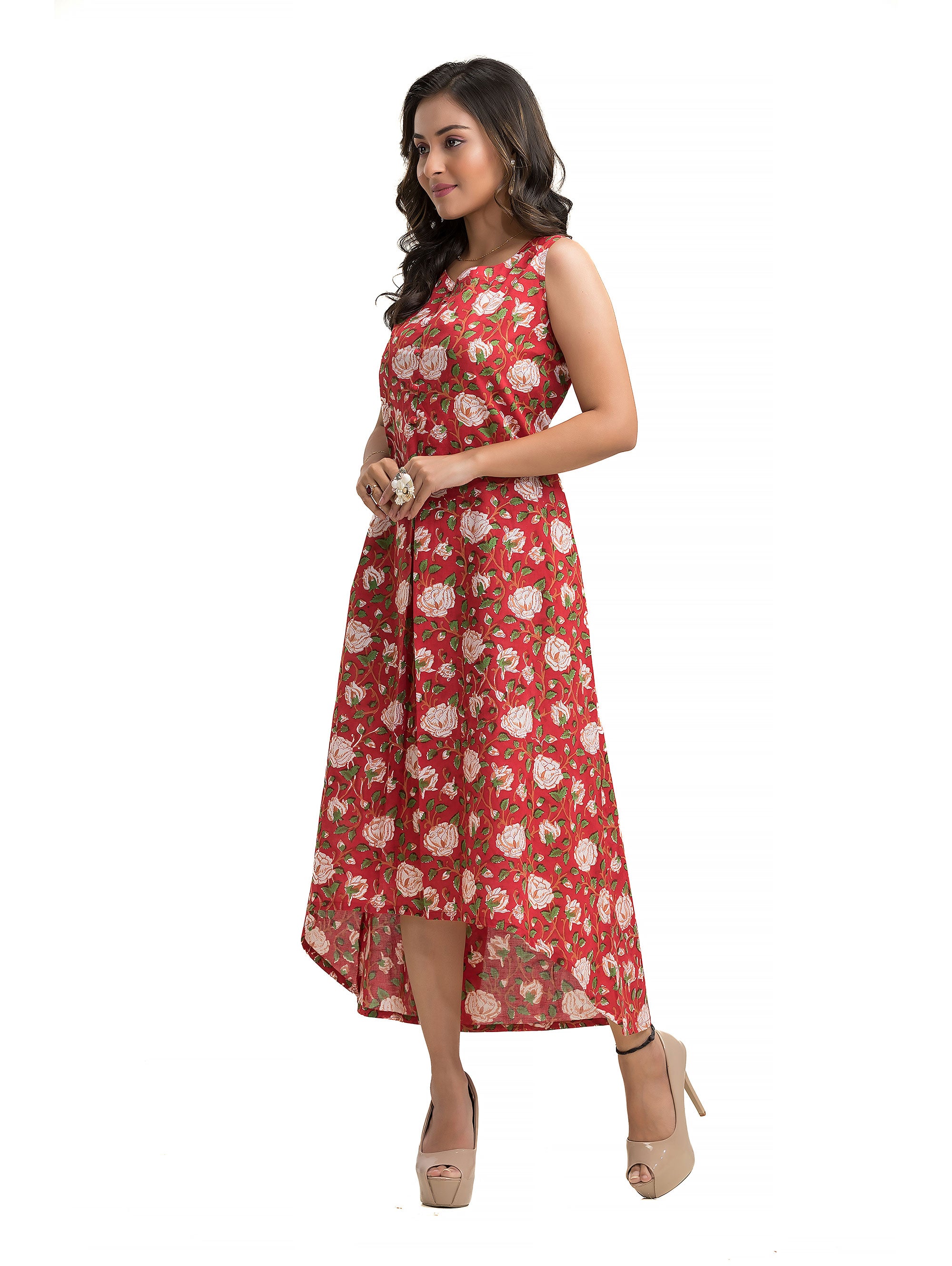 Red Floral Motif Hand Block Dress