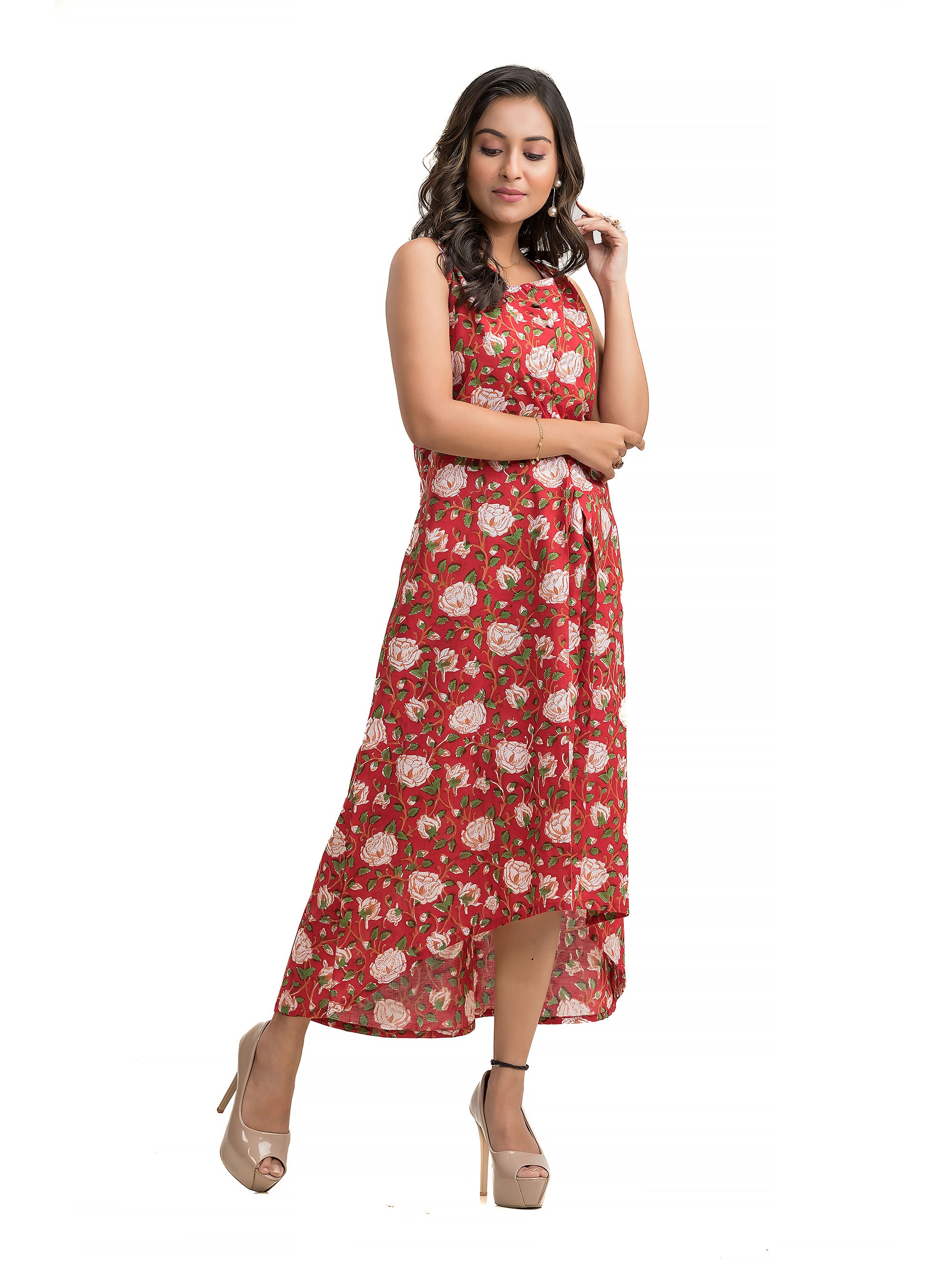 Red Floral Motif Hand Block Dress