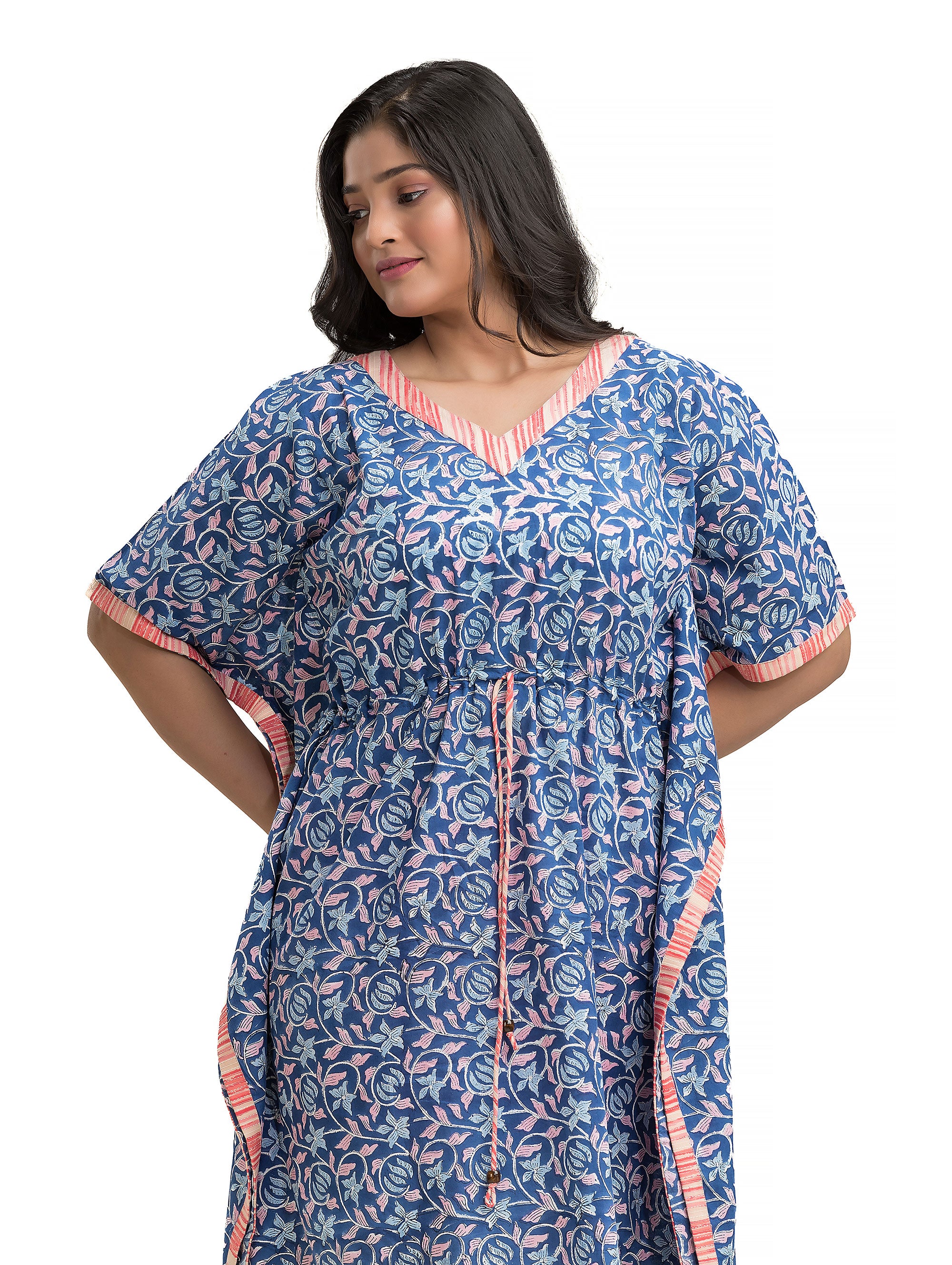 Floral Kaftan with Kantha Patchwork on Neck line and Sides