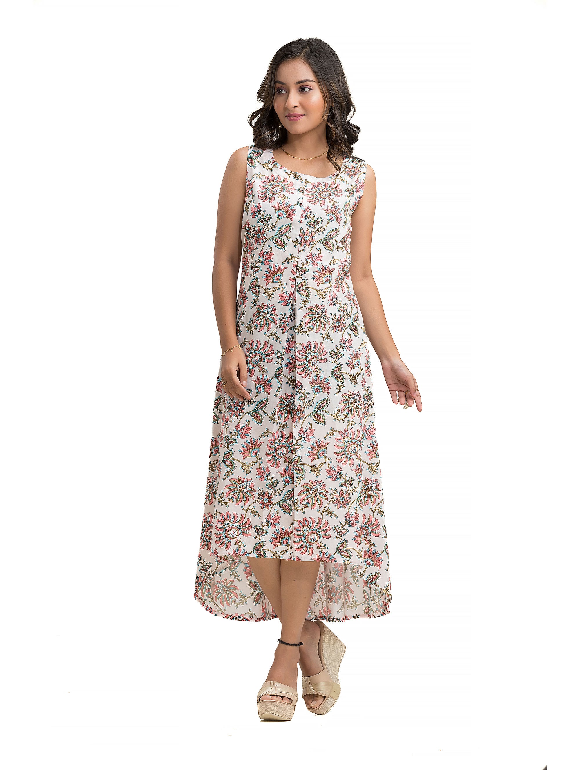 White Pink Floral Dress with Assymmetric Hem Line