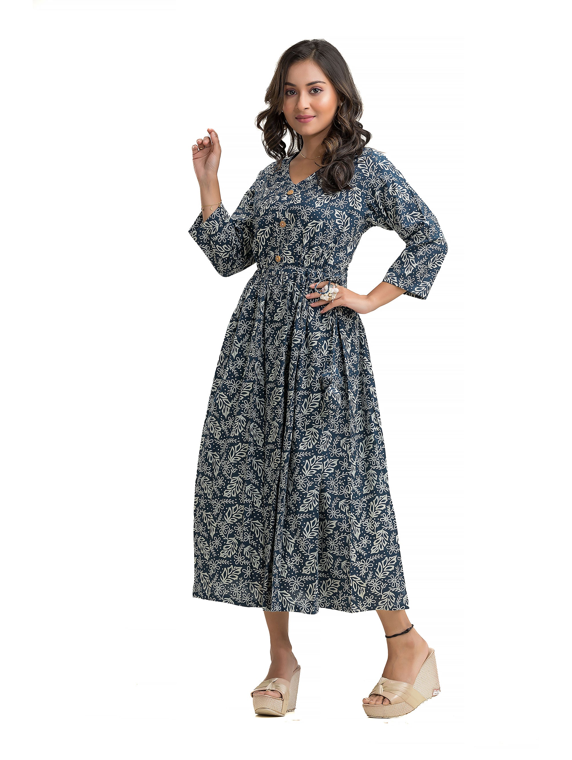 V-Neck Indigo Hand Block Dress