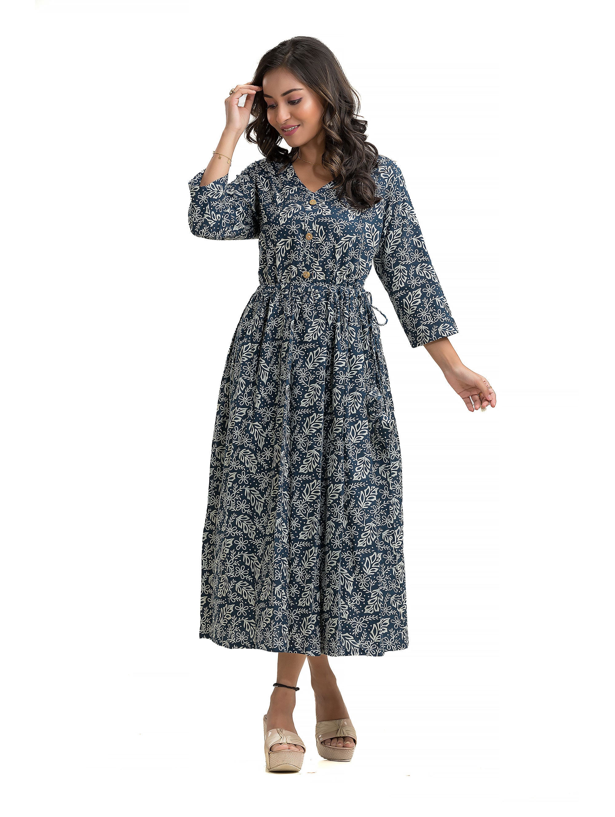 V-Neck Indigo Hand Block Dress