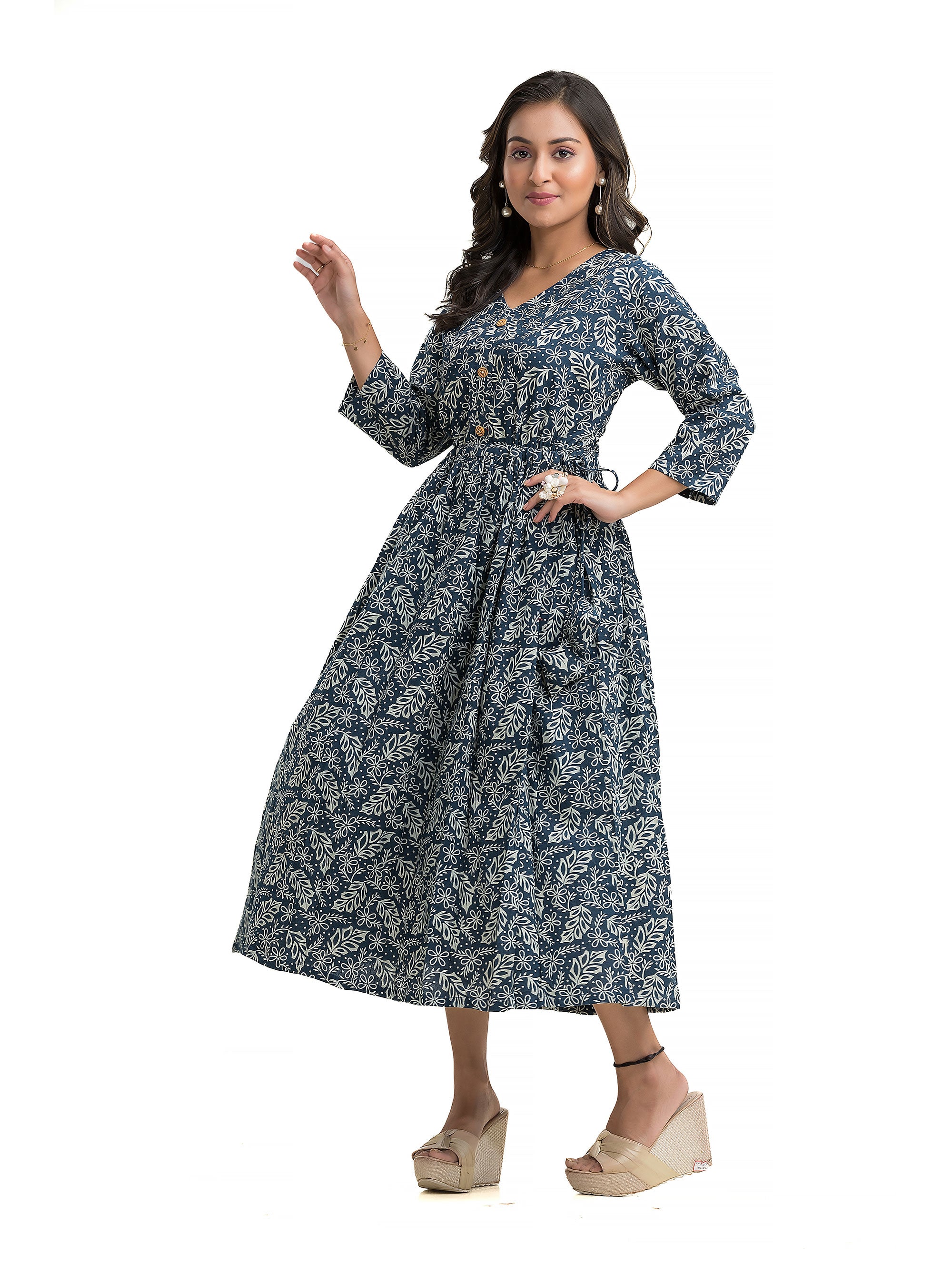 V-Neck Indigo Hand Block Dress