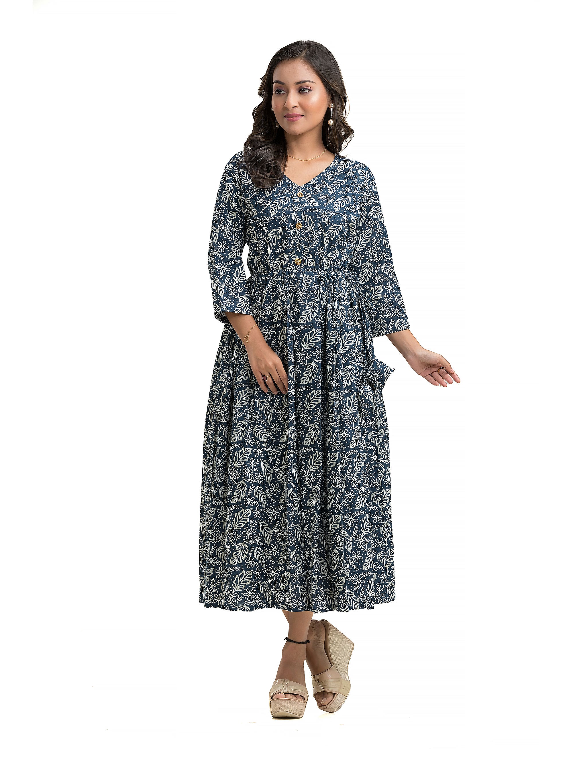 V-Neck Indigo Hand Block Dress
