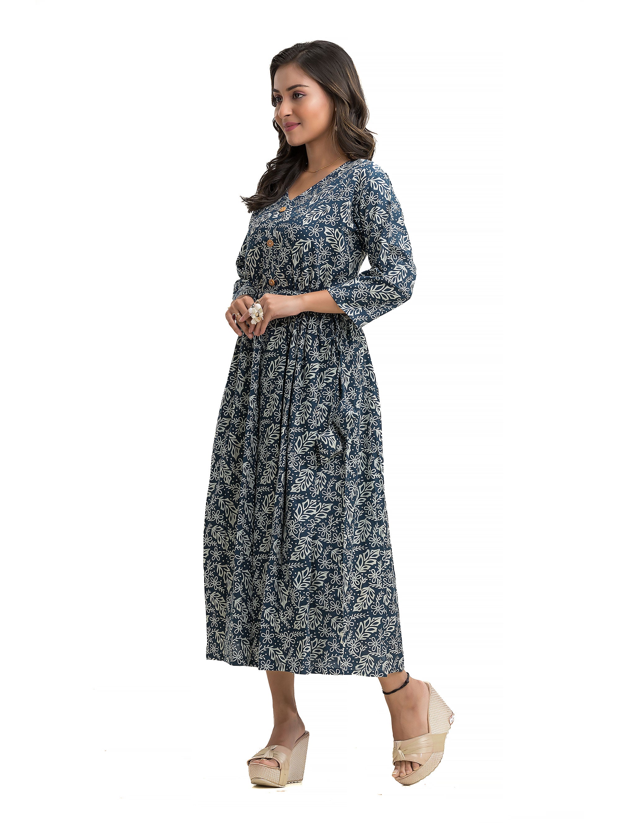 V-Neck Indigo Hand Block Dress