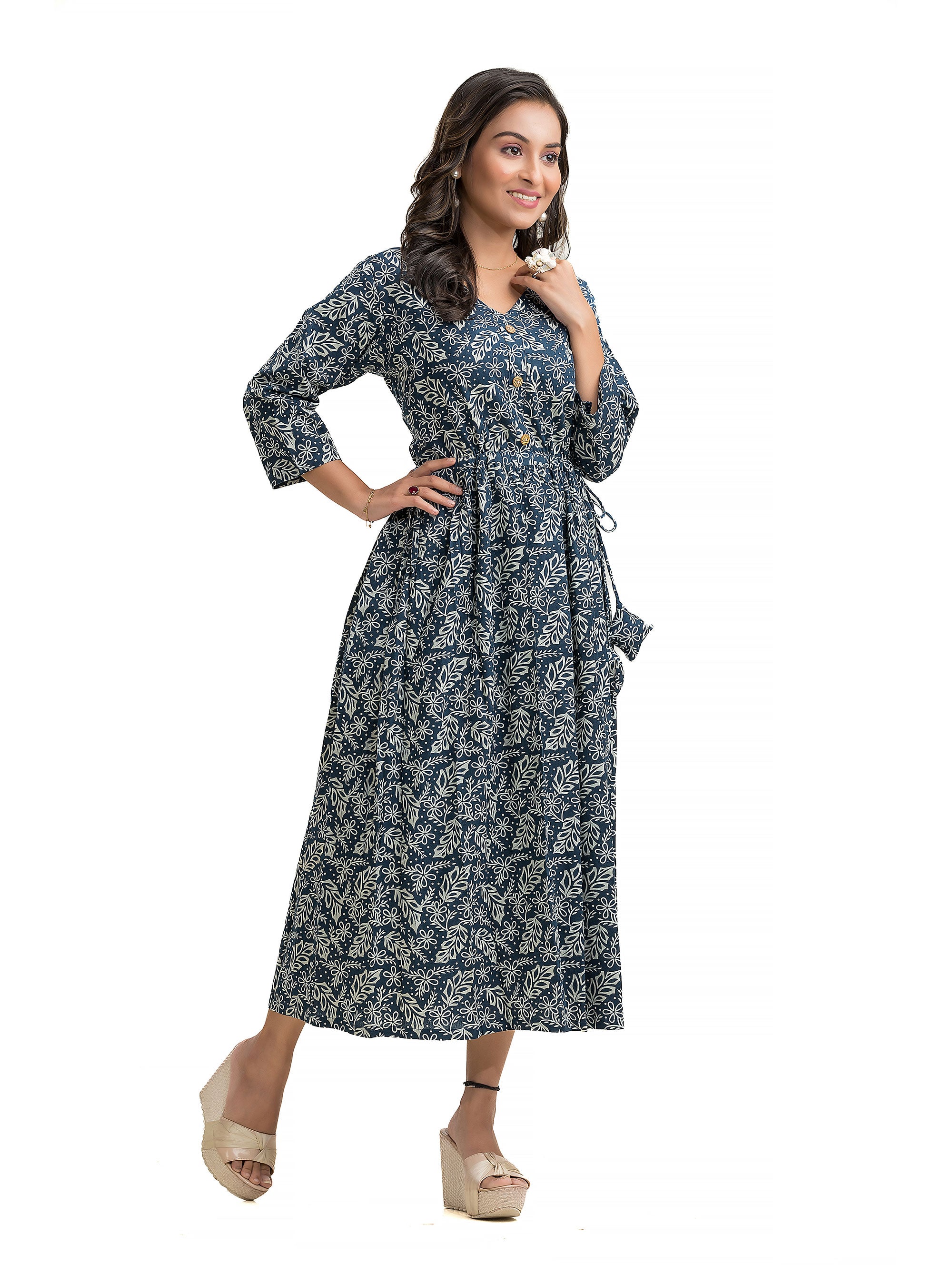 V-Neck Indigo Hand Block Dress