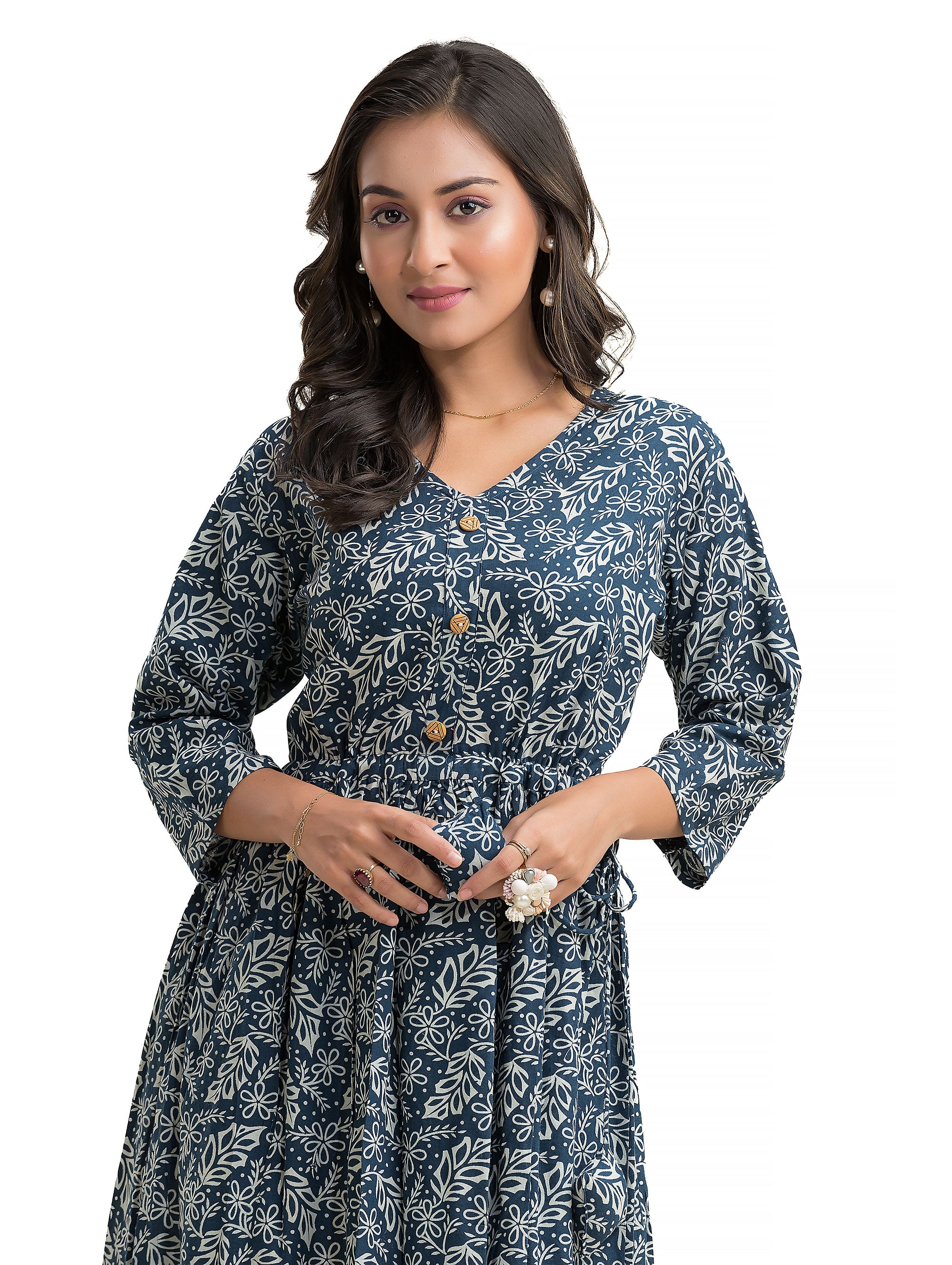 V-Neck Indigo Hand Block Dress