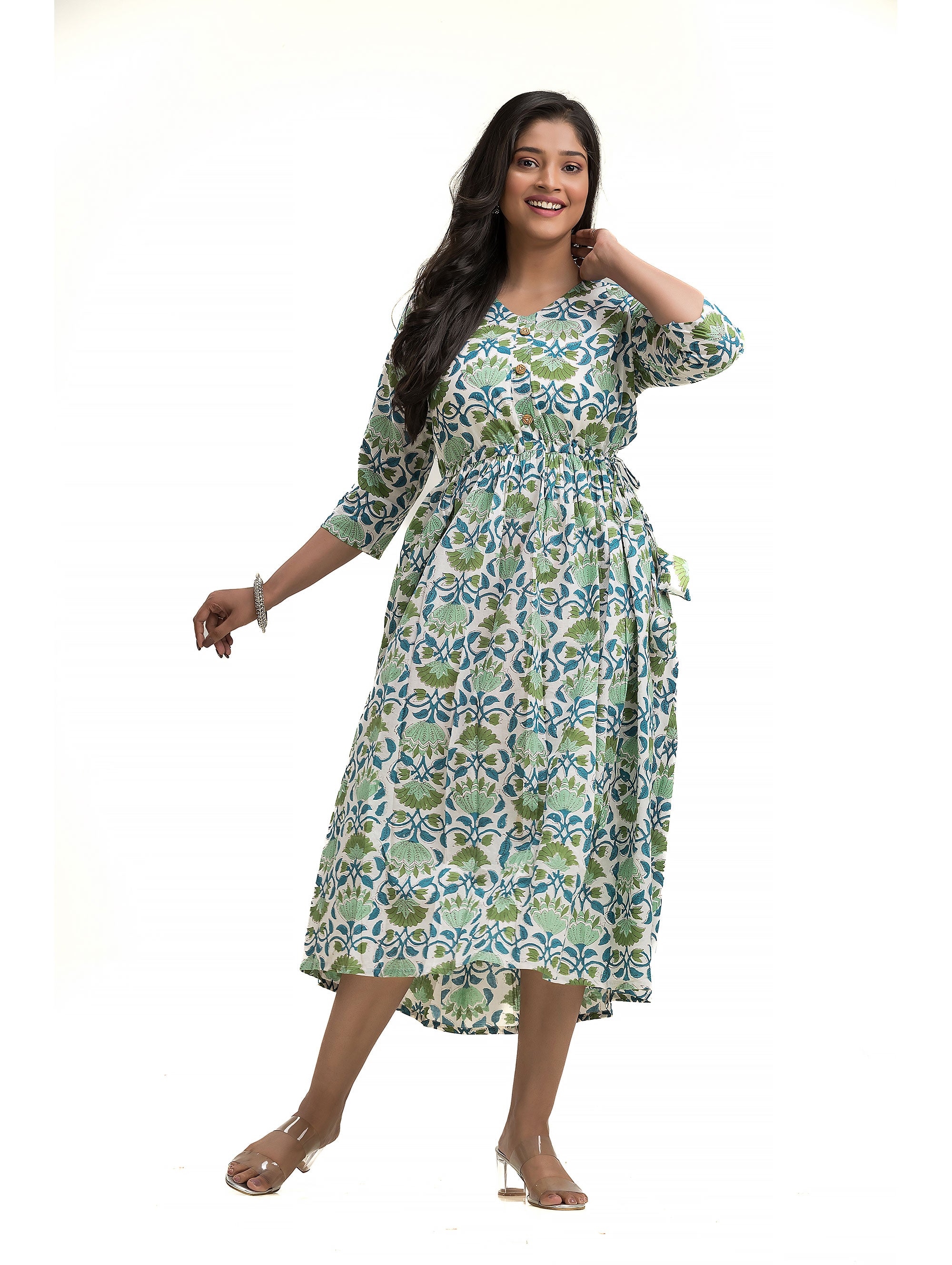Sanganeri Hand Block Dress with Adjustable Draw String