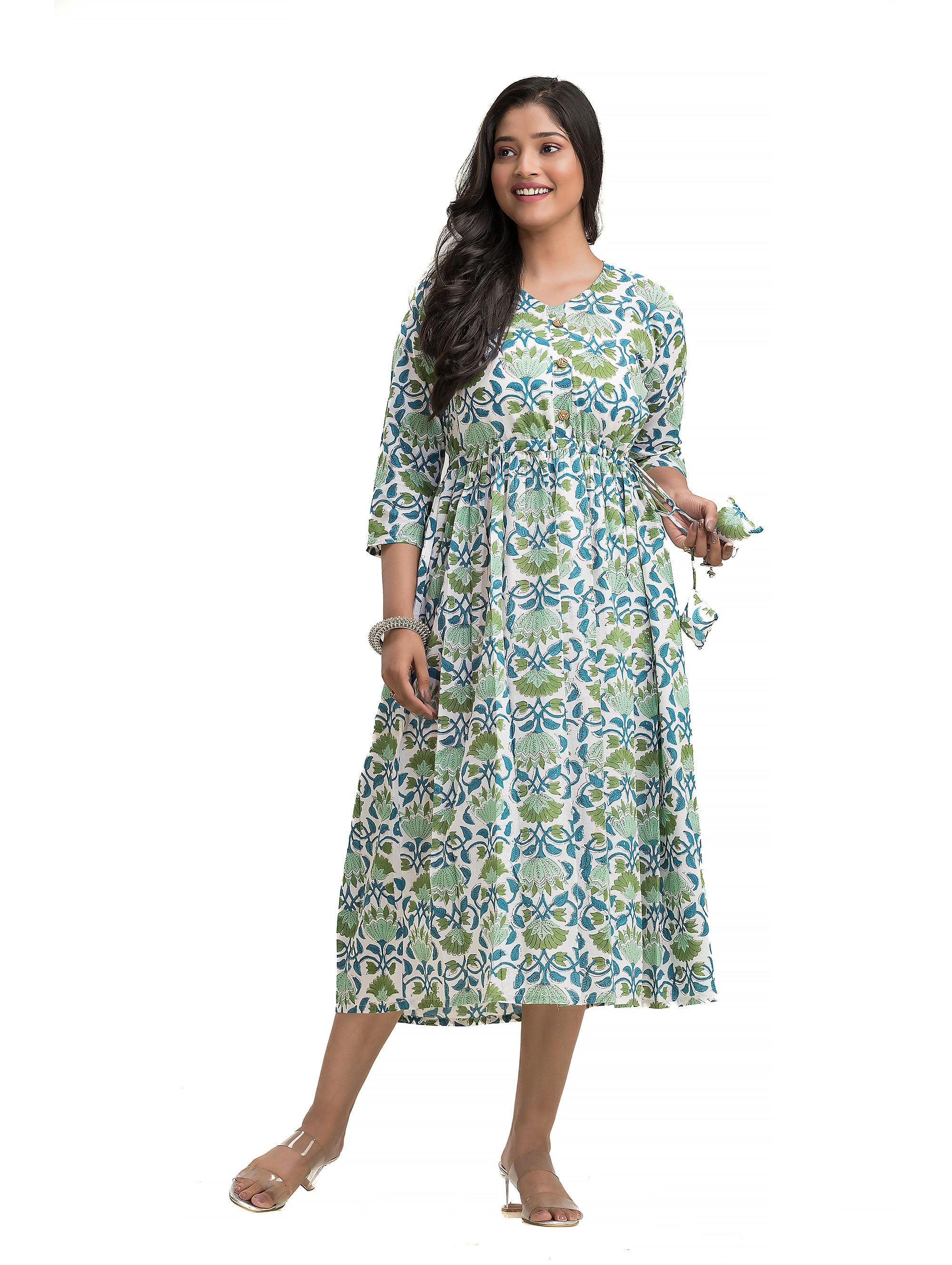 Sanganeri Hand Block Dress with Adjustable Draw String