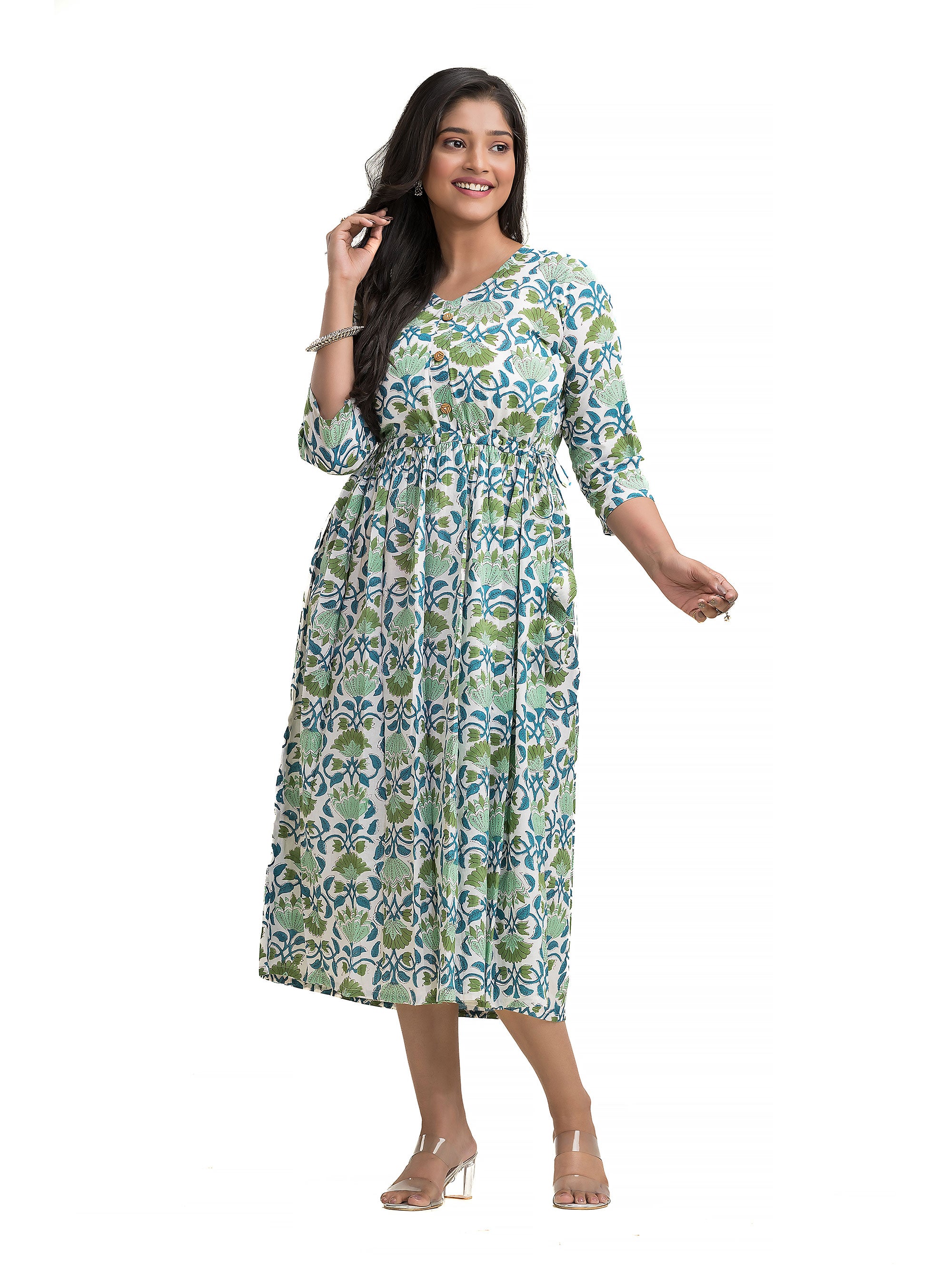 Sanganeri Hand Block Dress with Adjustable Draw String