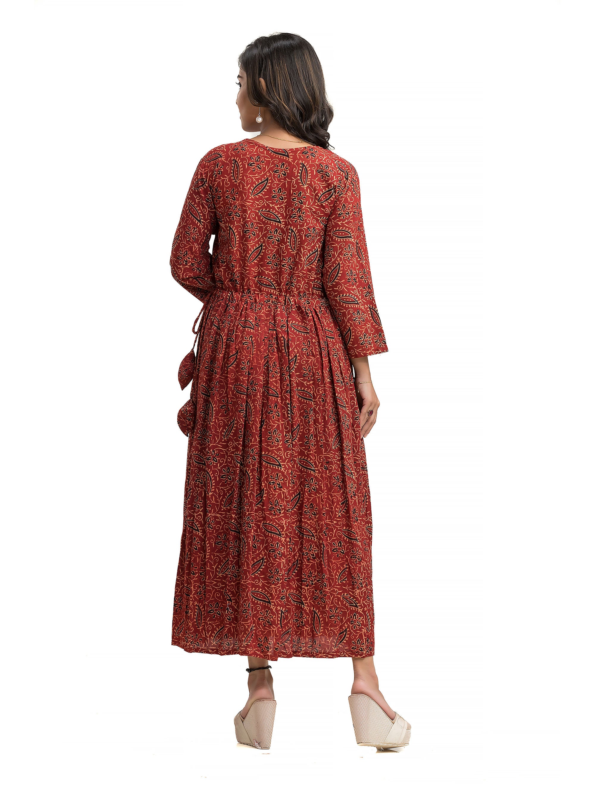 Ajrakh Maroon Frock Dress with Wooden Button and Adjustable Draw String