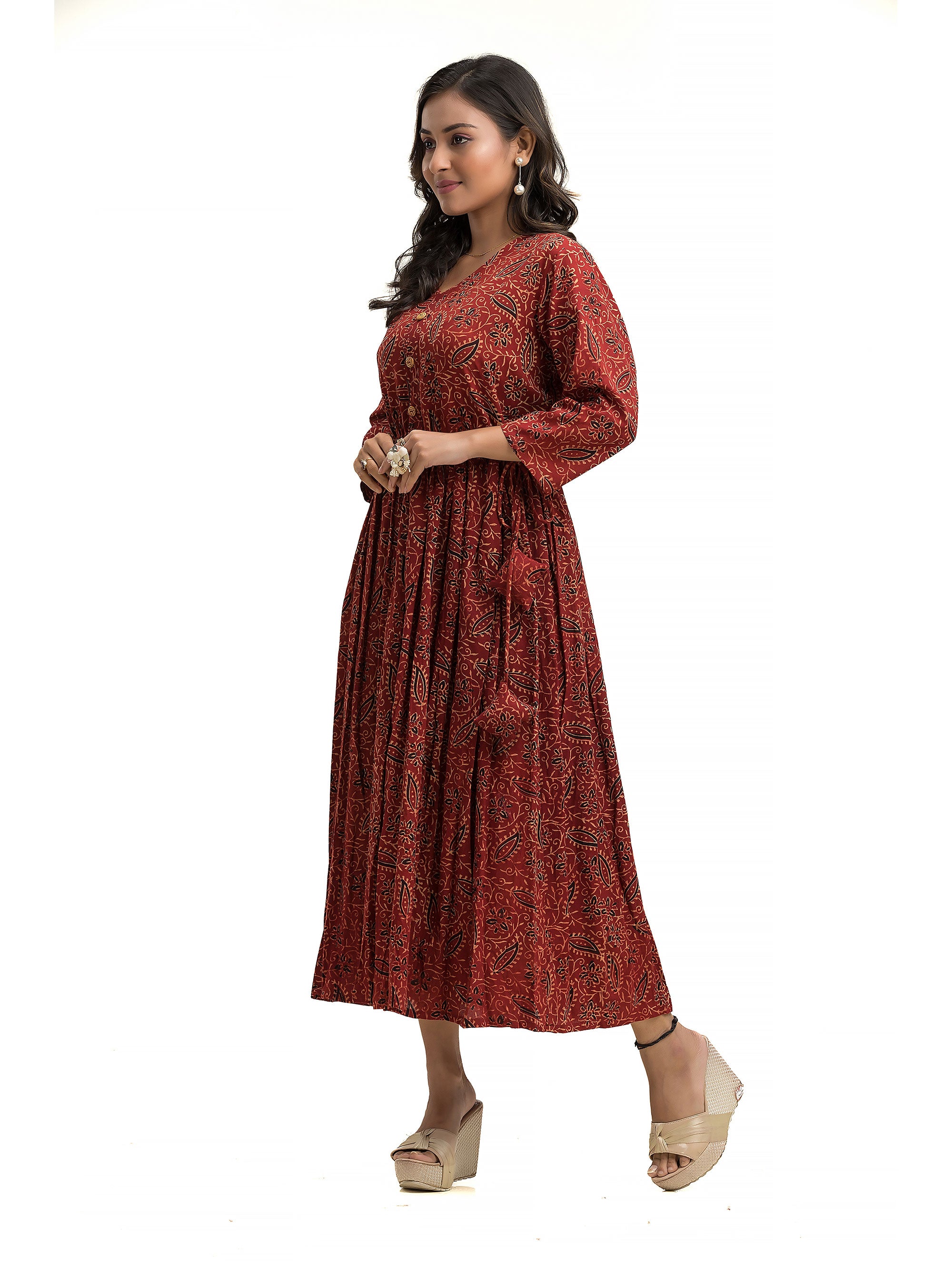 Ajrakh Maroon Frock Dress with Wooden Button and Adjustable Draw String