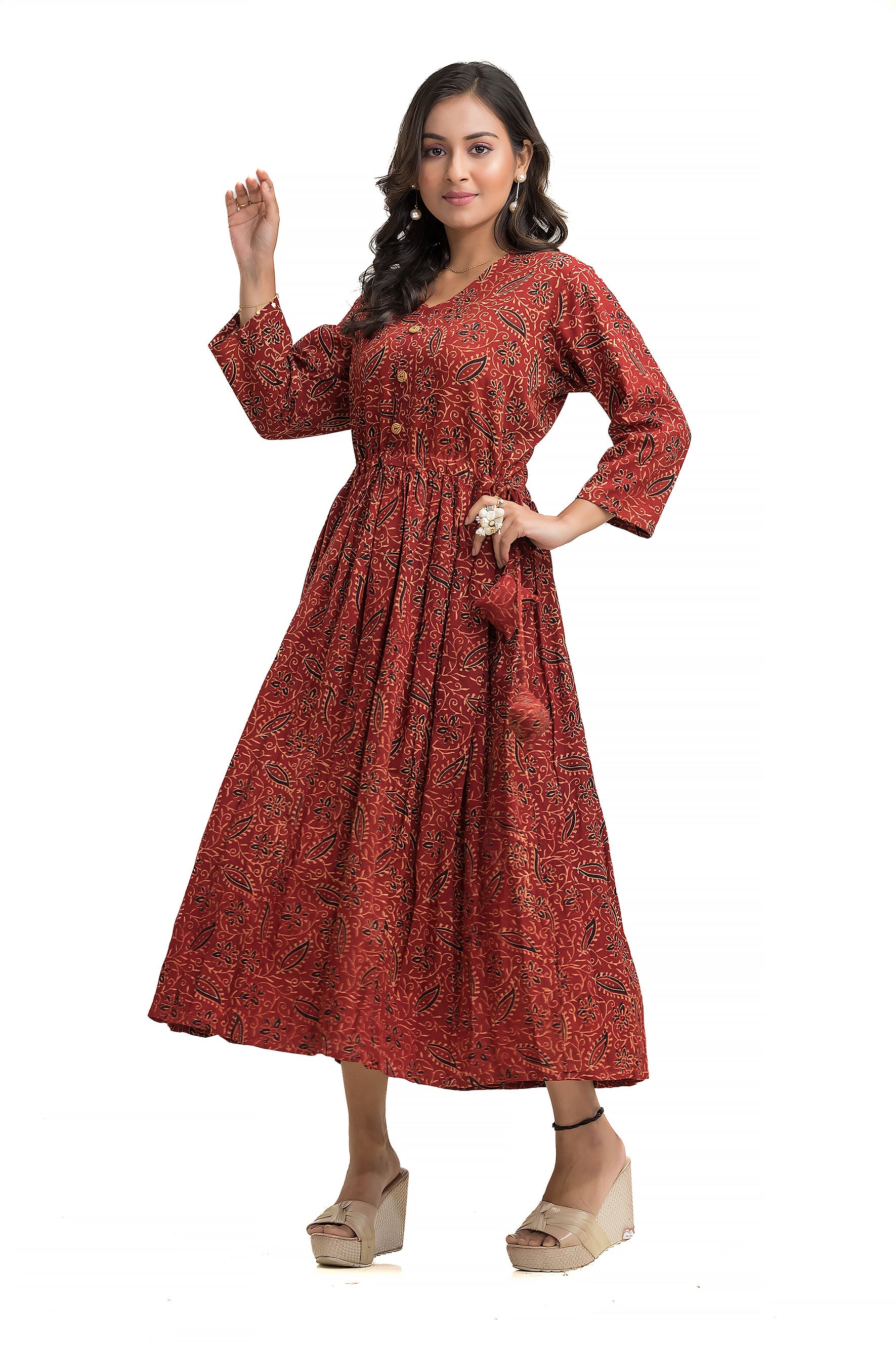 Ajrakh Maroon Frock Dress with Wooden Button and Adjustable Draw String