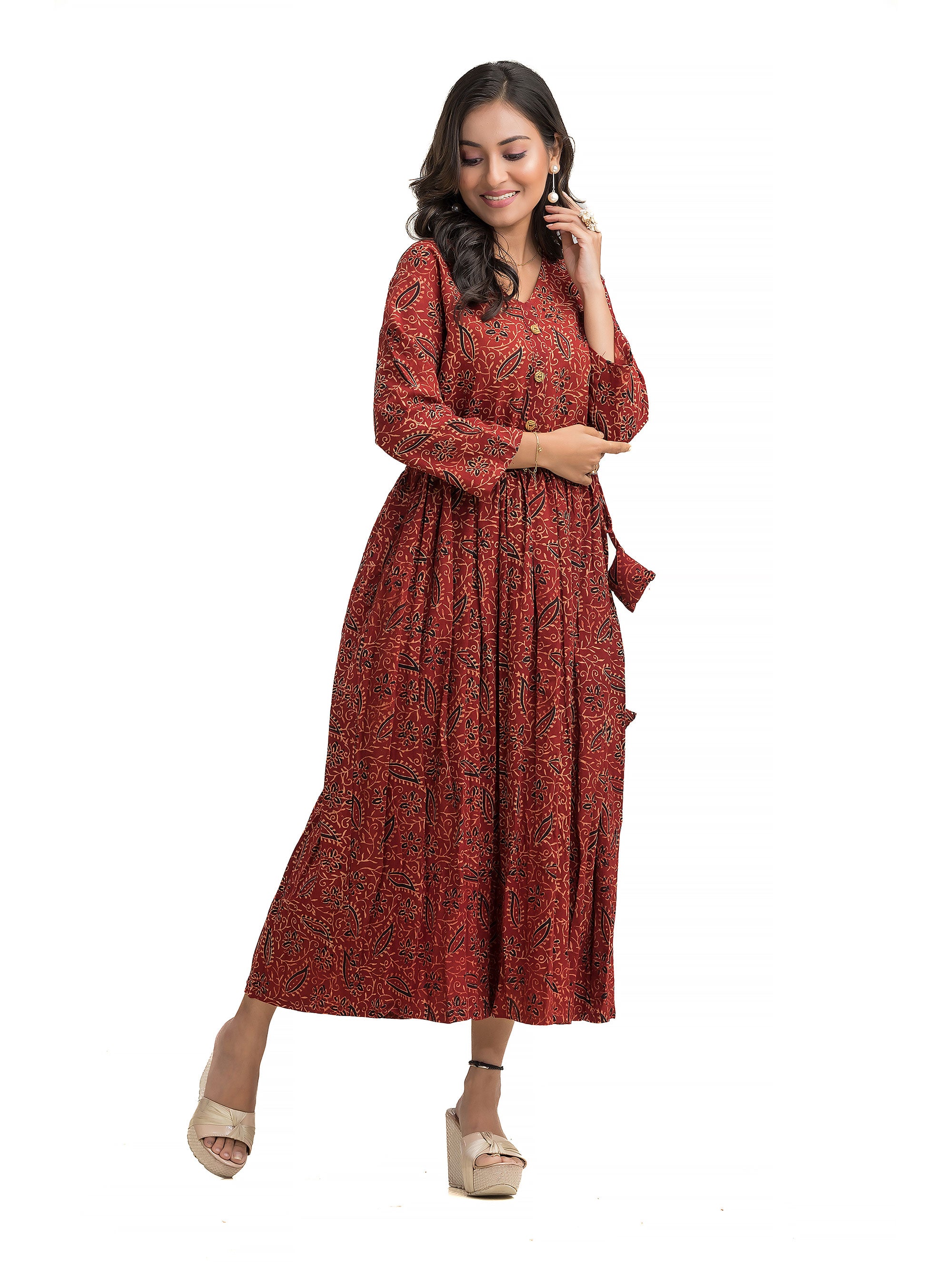 Ajrakh Maroon Frock Dress with Wooden Button and Adjustable Draw String