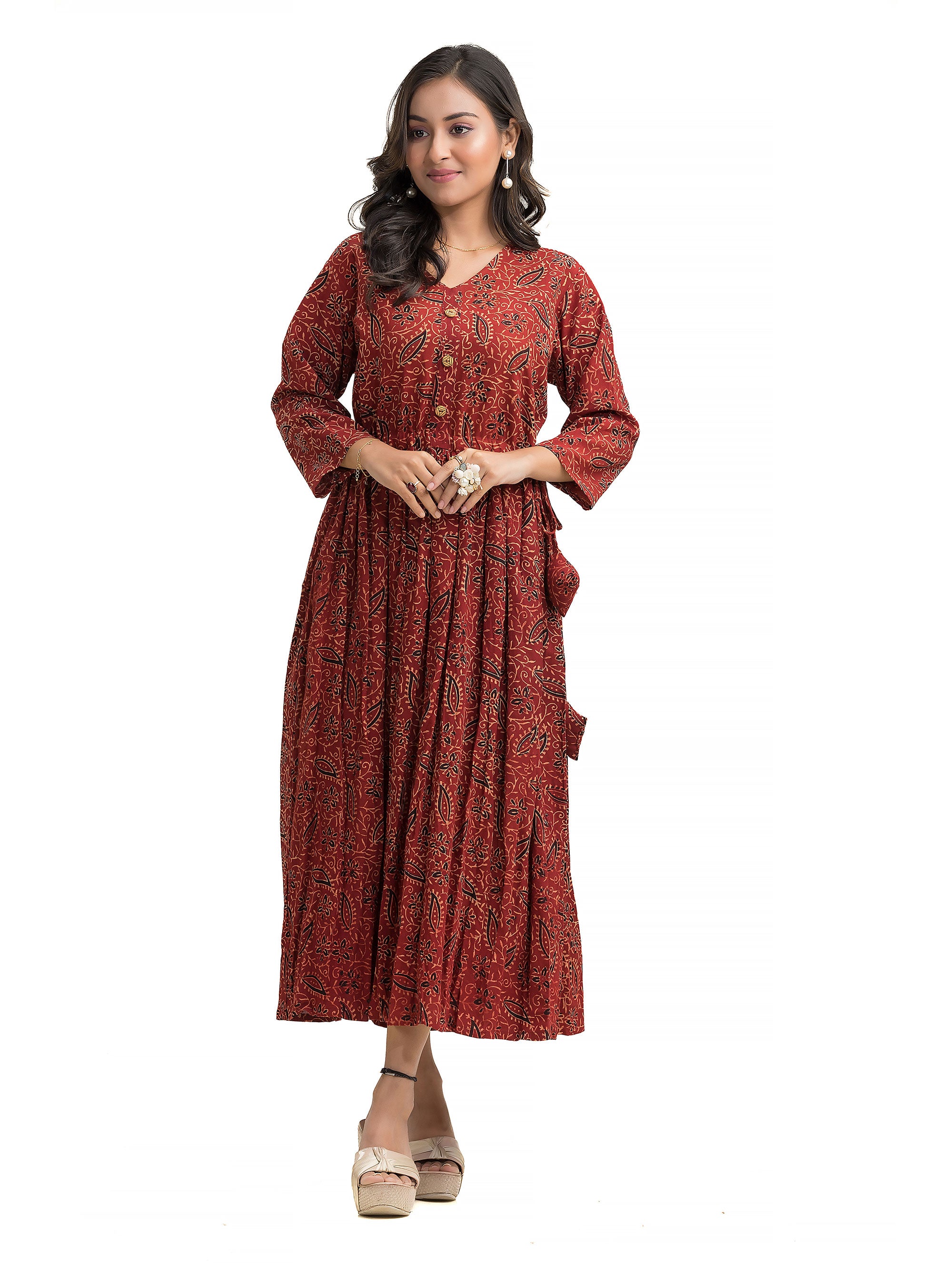 Ajrakh Maroon Frock Dress with Wooden Button and Adjustable Draw String