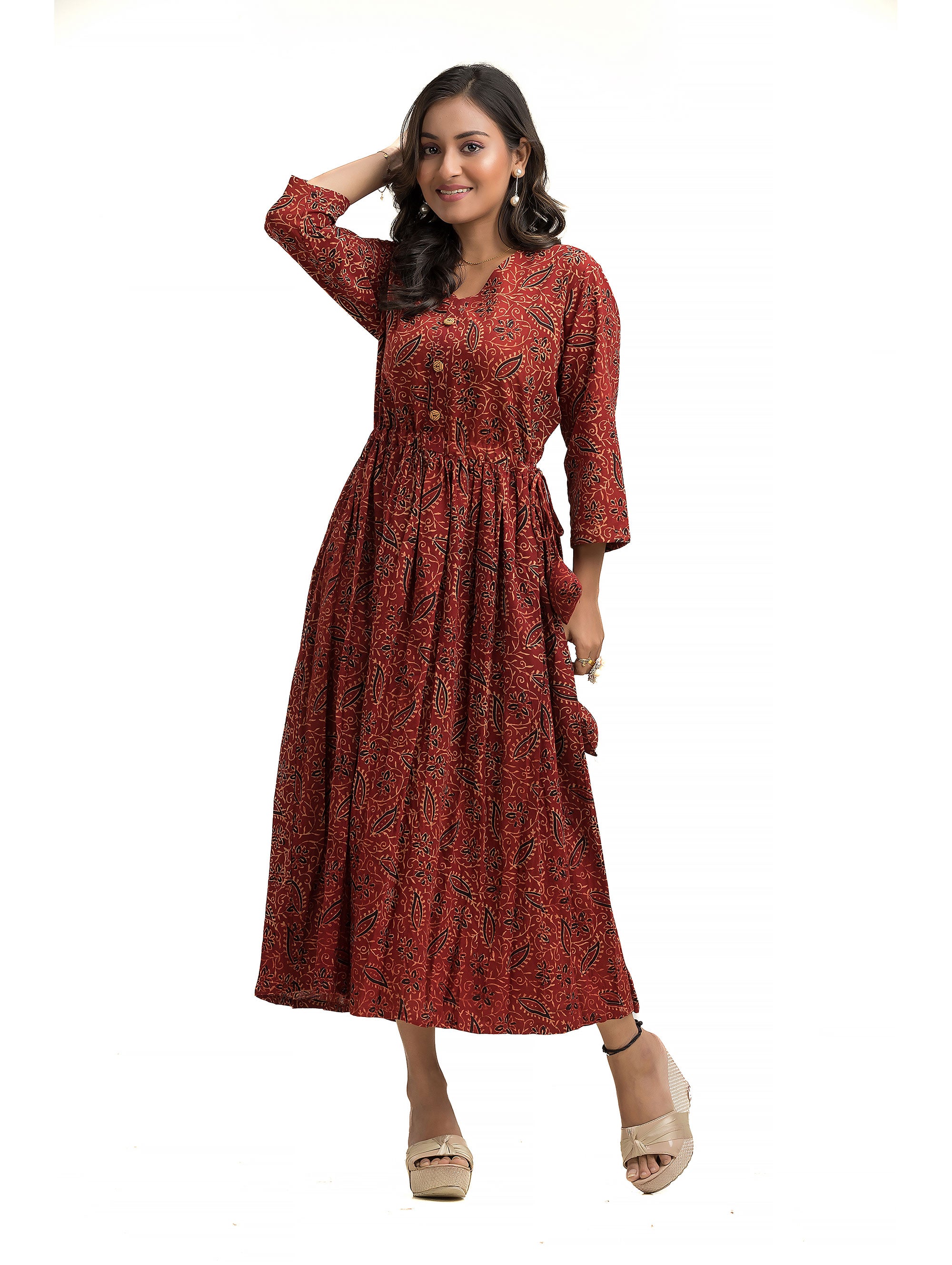 Ajrakh Maroon Frock Dress with Wooden Button and Adjustable Draw String