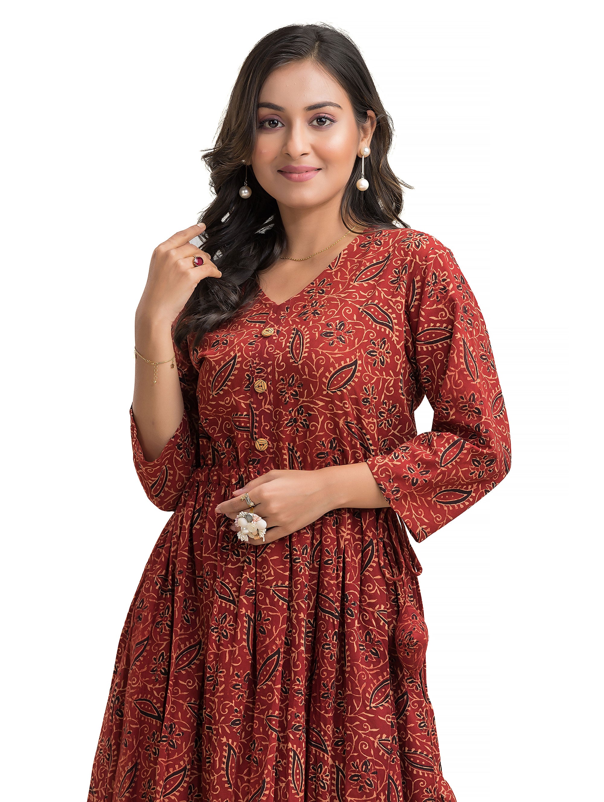 Ajrakh Maroon Frock Dress with Wooden Button and Adjustable Draw String