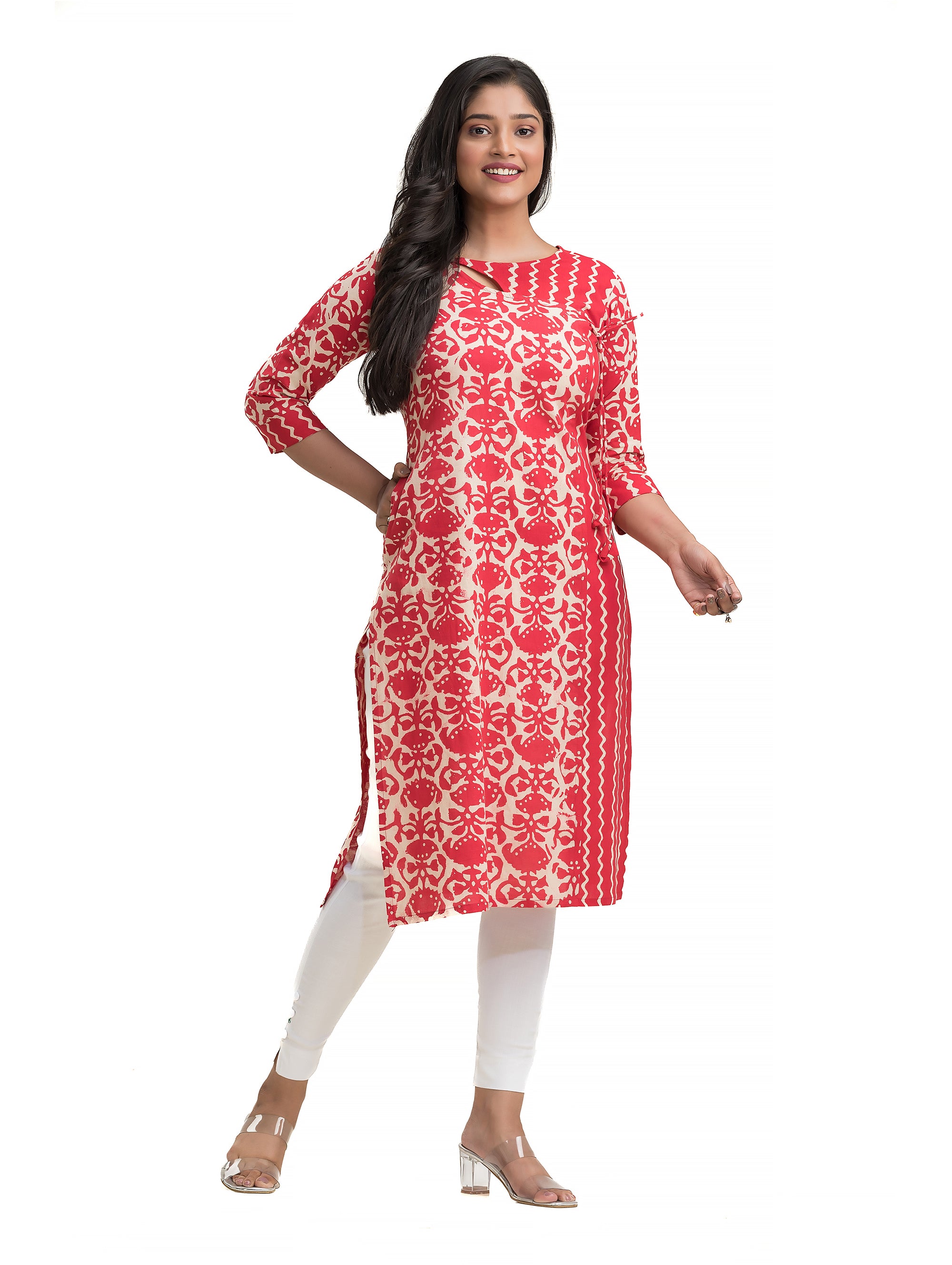 Red Hand Blocked Dabu Printed Angaraksha Pattern Straight Kurti