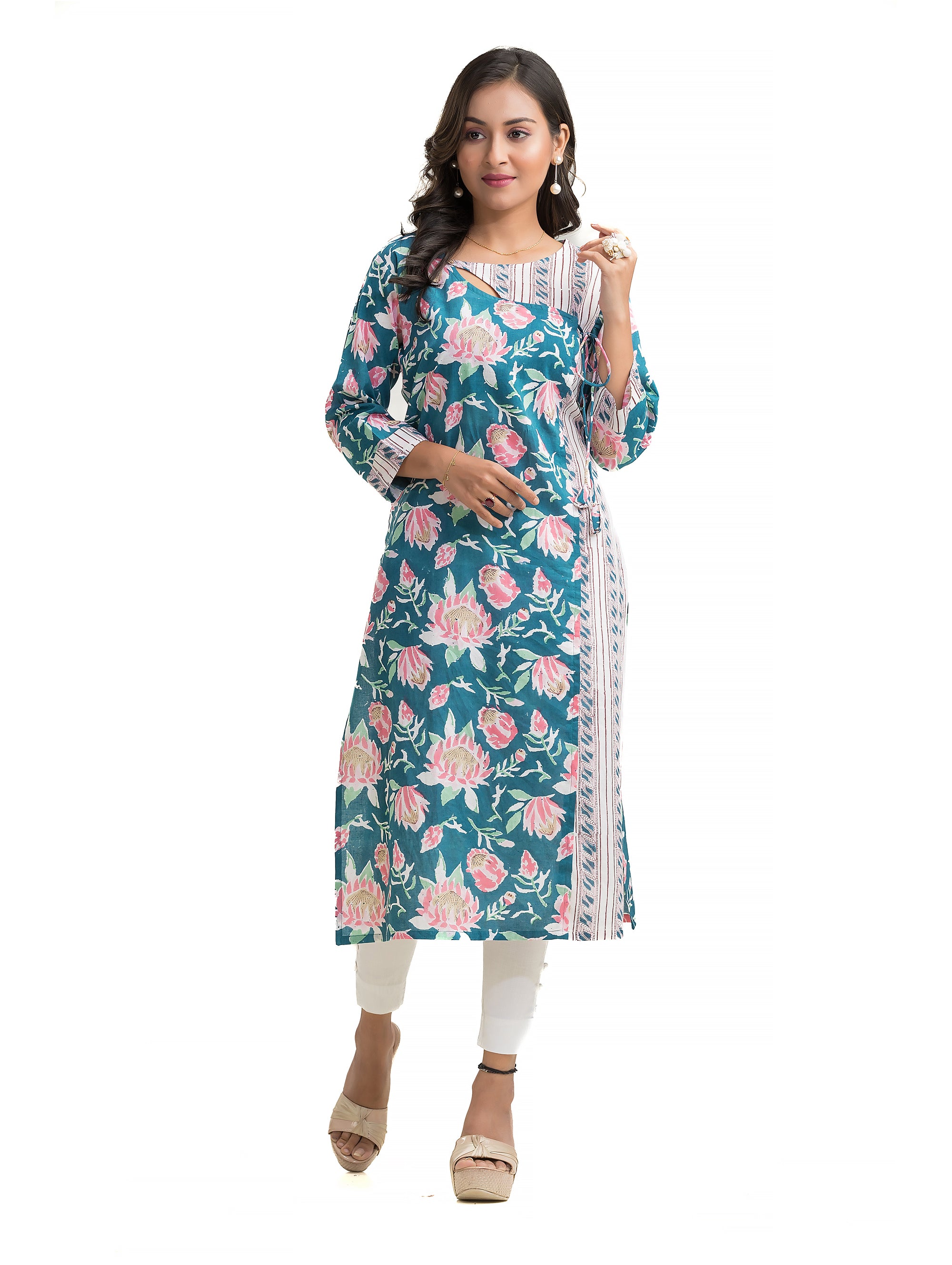 Turquiose Blue Sanganeri Prints Peephole design Angaraksha style Kurti