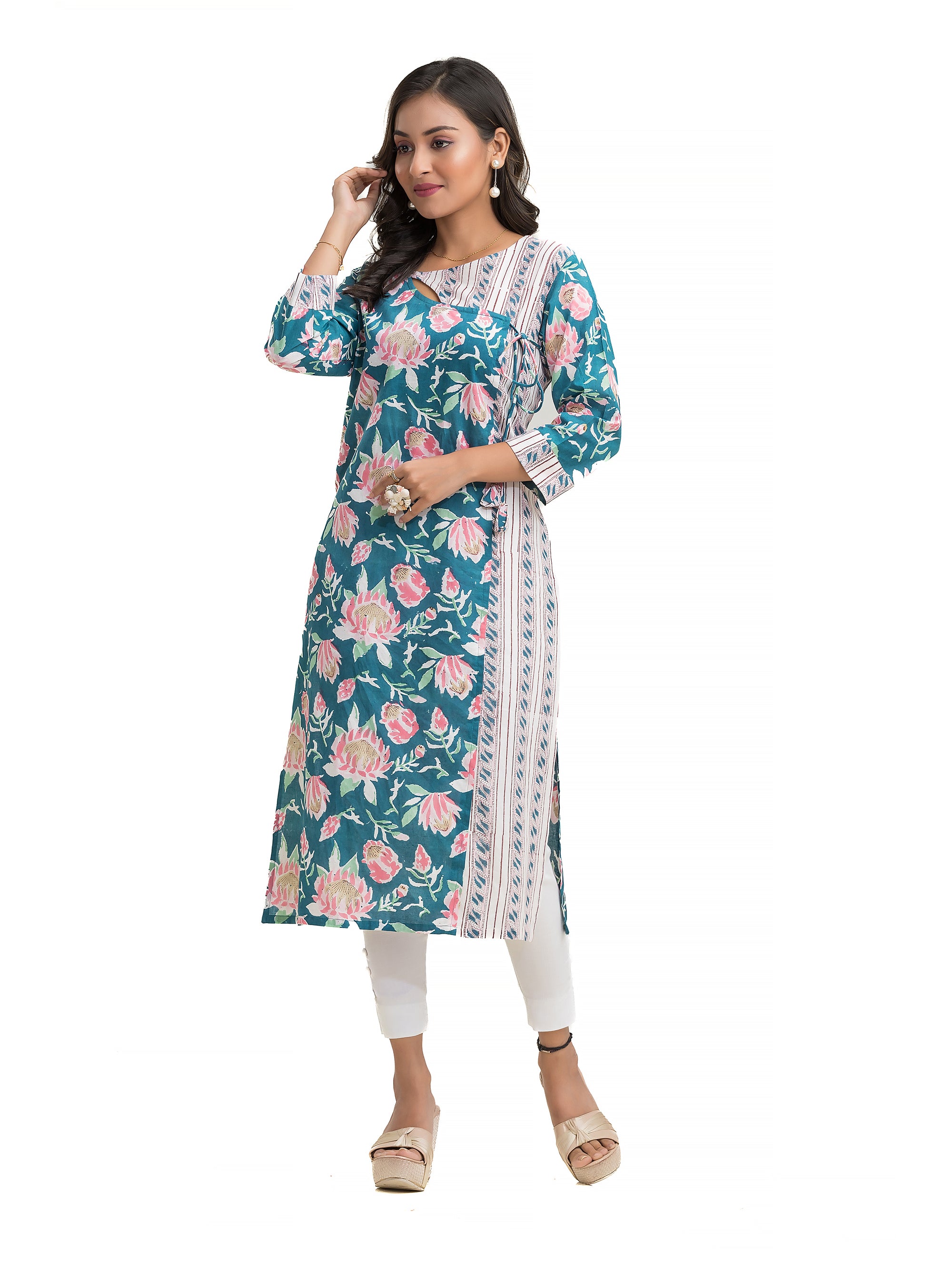 Turquiose Blue Sanganeri Prints Peephole design Angaraksha style Kurti