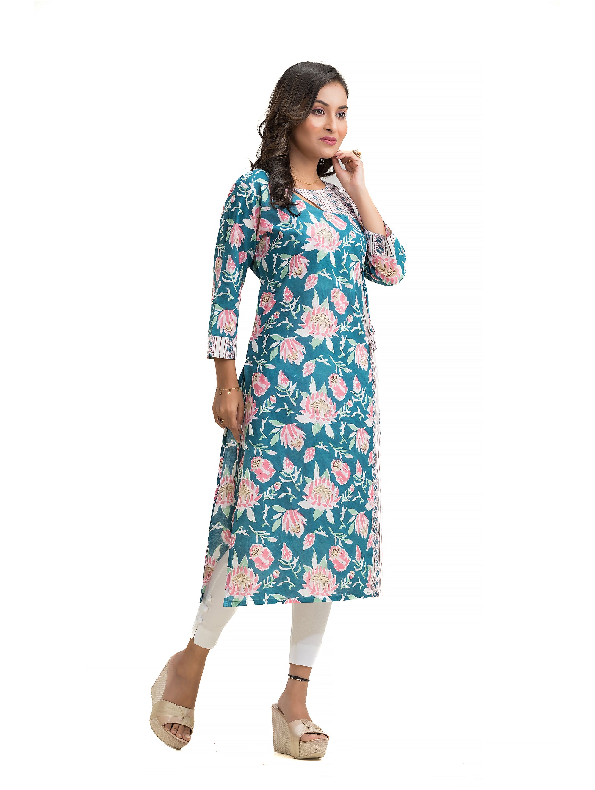 Turquiose Blue Sanganeri Prints Peephole design Angaraksha style Kurti