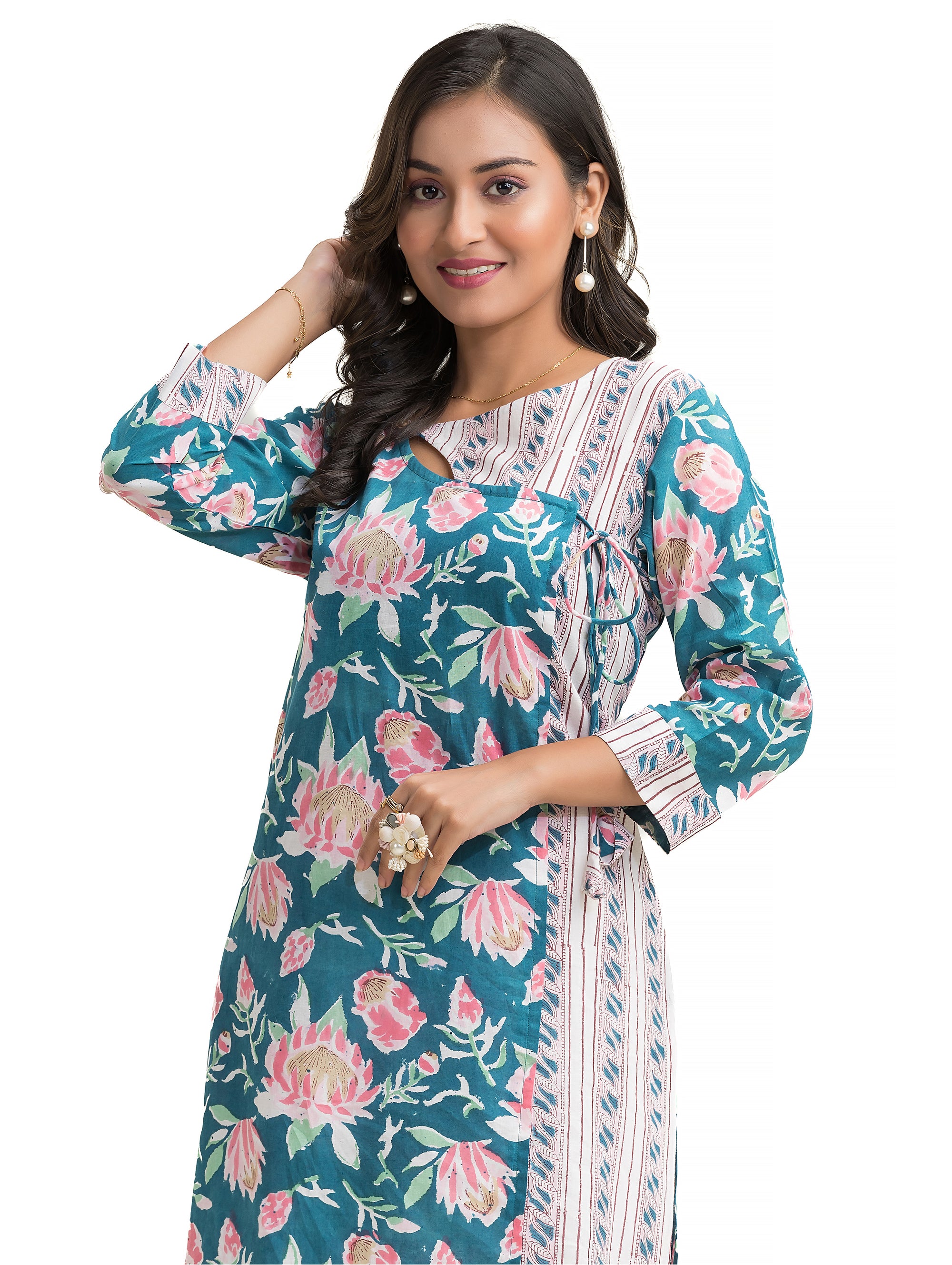 Turquiose Blue Sanganeri Prints Peephole design Angaraksha style Kurti