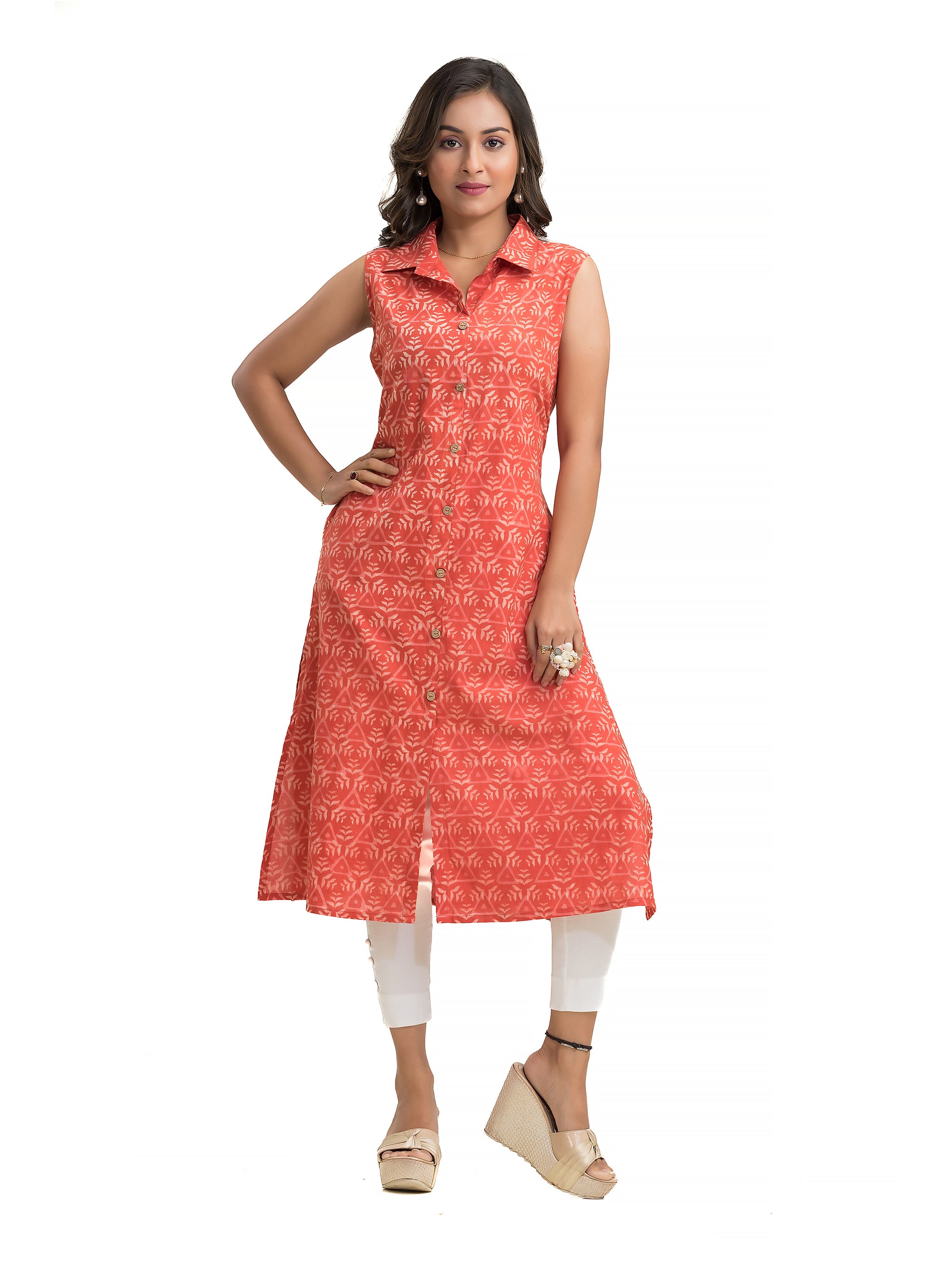 Sleeveless Orange A-Line Kurti with Collar and Side Slit