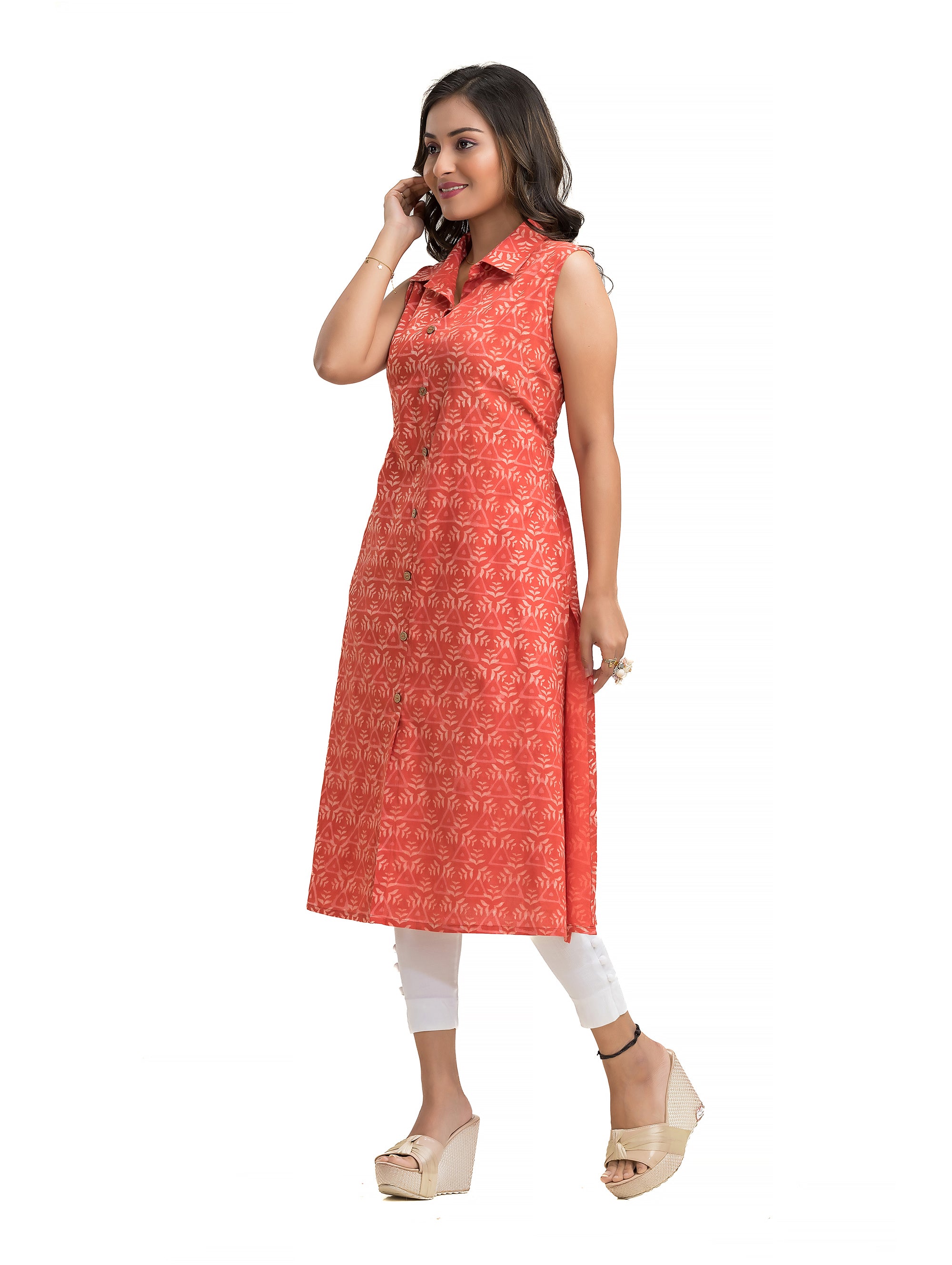 Sleeveless Orange A-Line Kurti with Collar and Side Slit