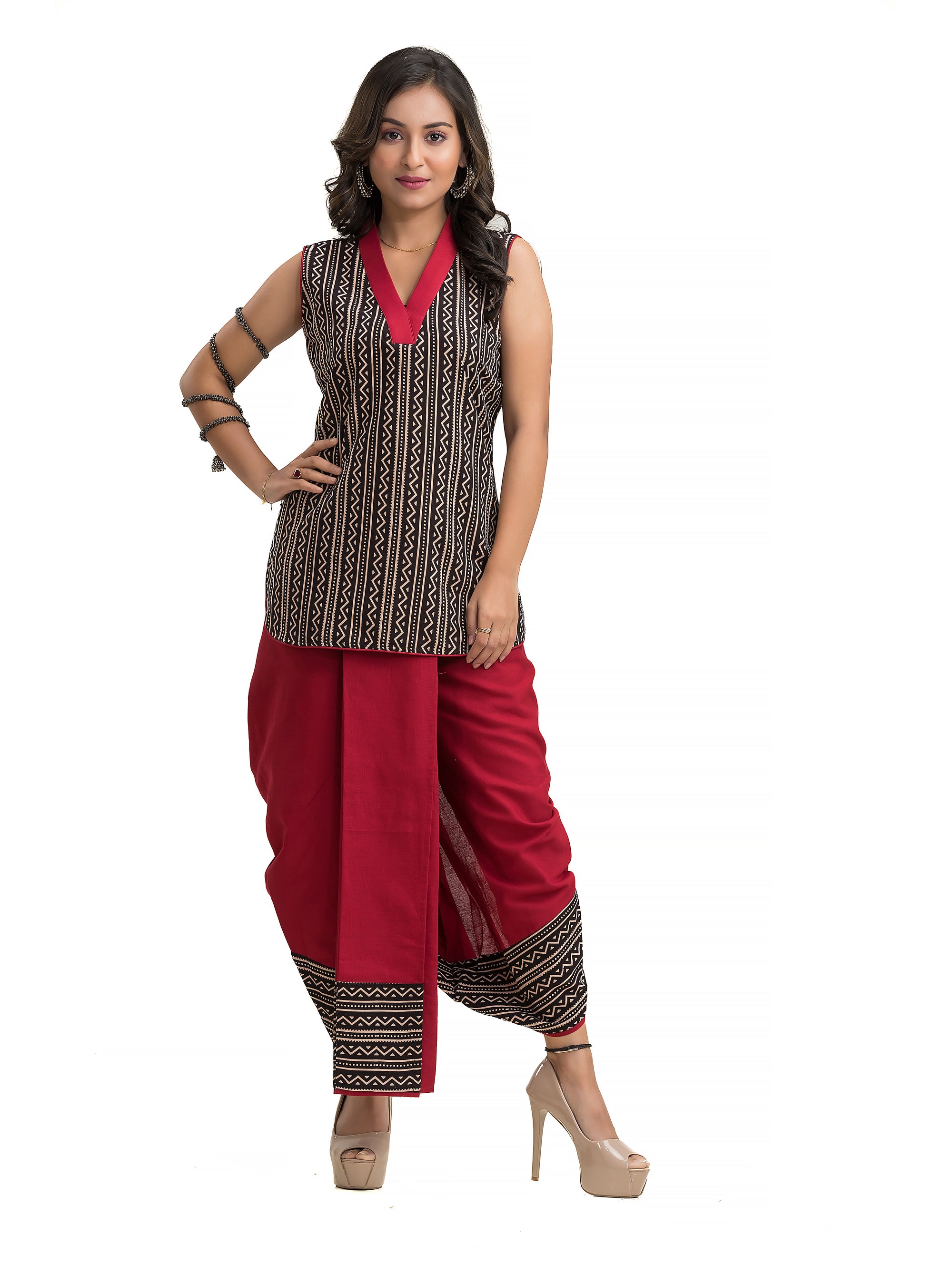 Black Stripe Ajrakh Pattern Maroon Dhoti Co-Ord Set